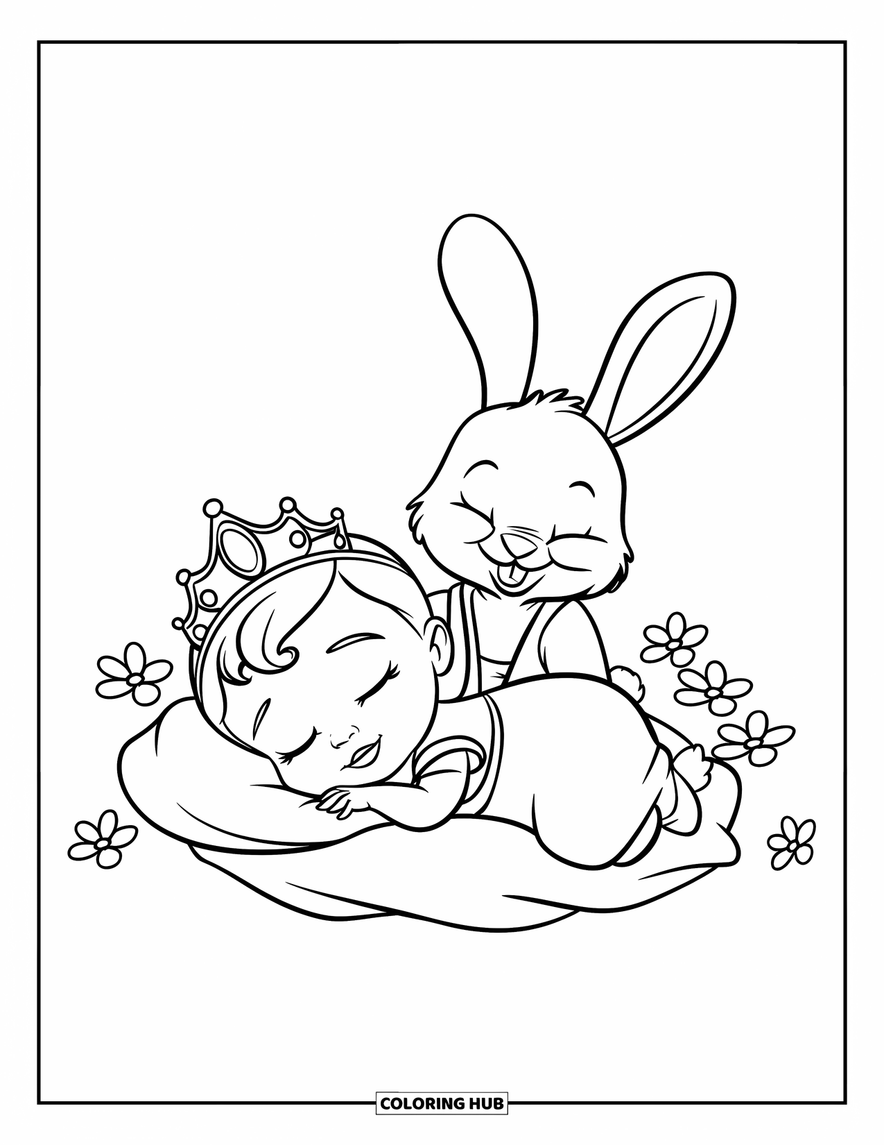 Baby Princess Coloring Page for Kids: A sleepy princess dreams beside her bunny under castle skies