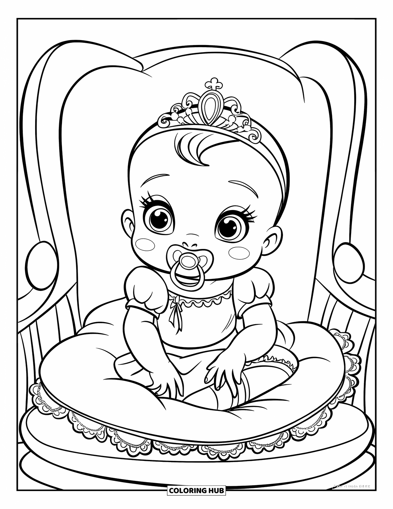 Baby Princess Coloring Page for Kids: A tiny princess with a tiara rests on her pillow with her pacifier
