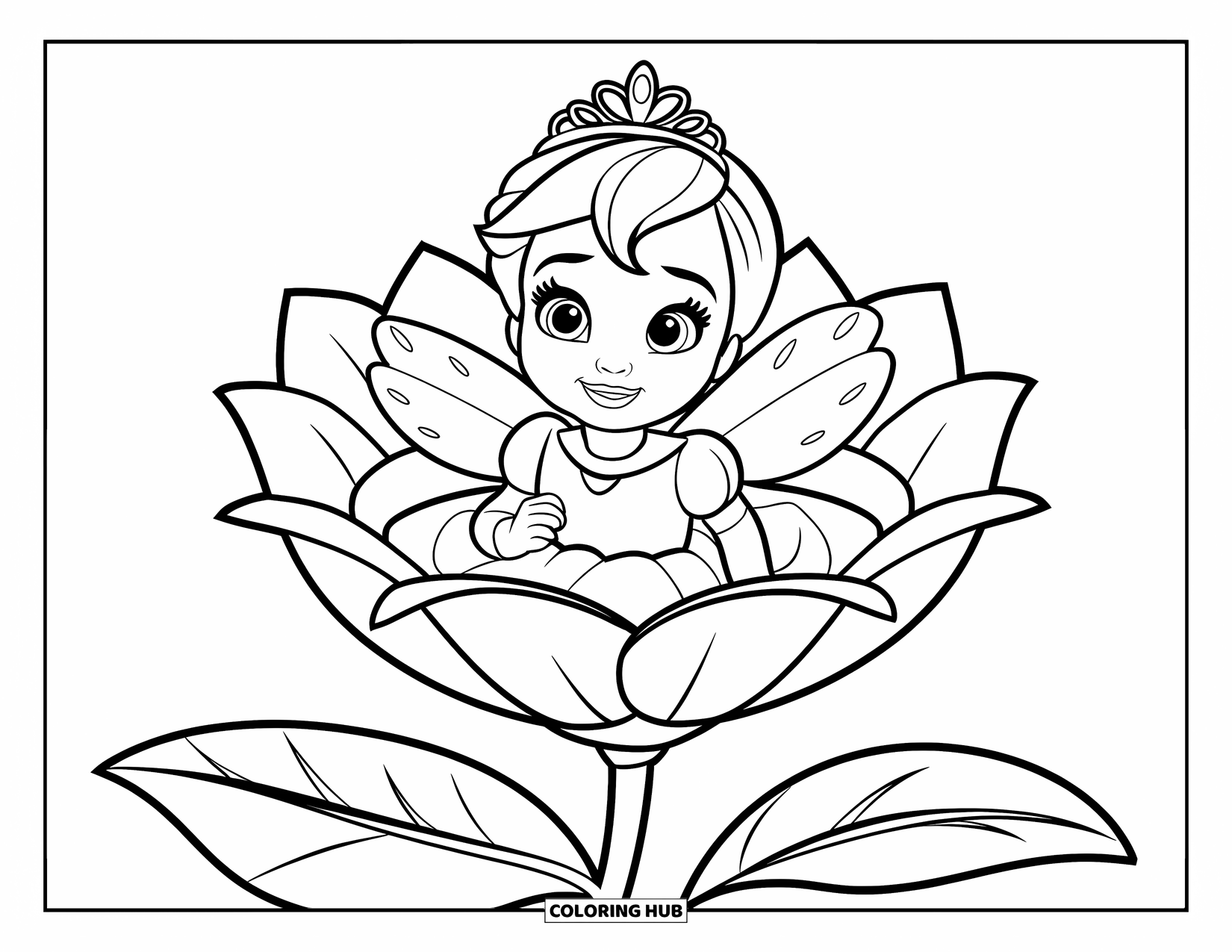 Baby Princess Coloring Page for Kids: A tiny princess with wings rests inside a blooming flower nest