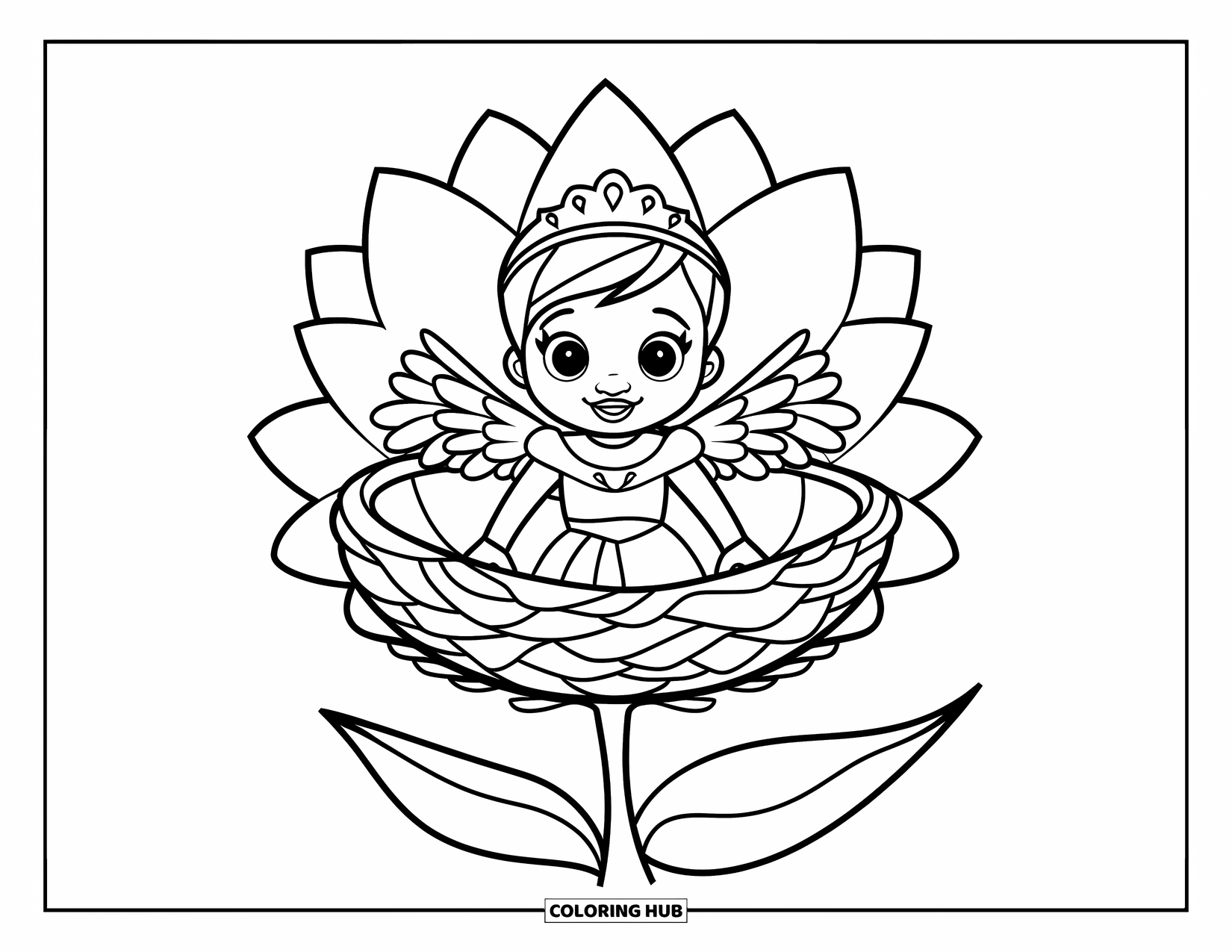 Baby Princess Coloring Page for Kids: A winged baby princess sits happily in a flower nest