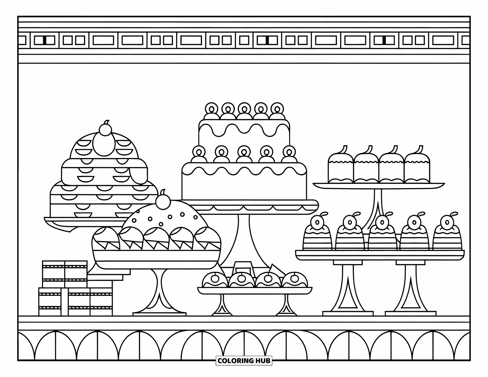 Bakery Coloring Page for Adults: A dessert buffet with cakes and pastries framed by a decorative border