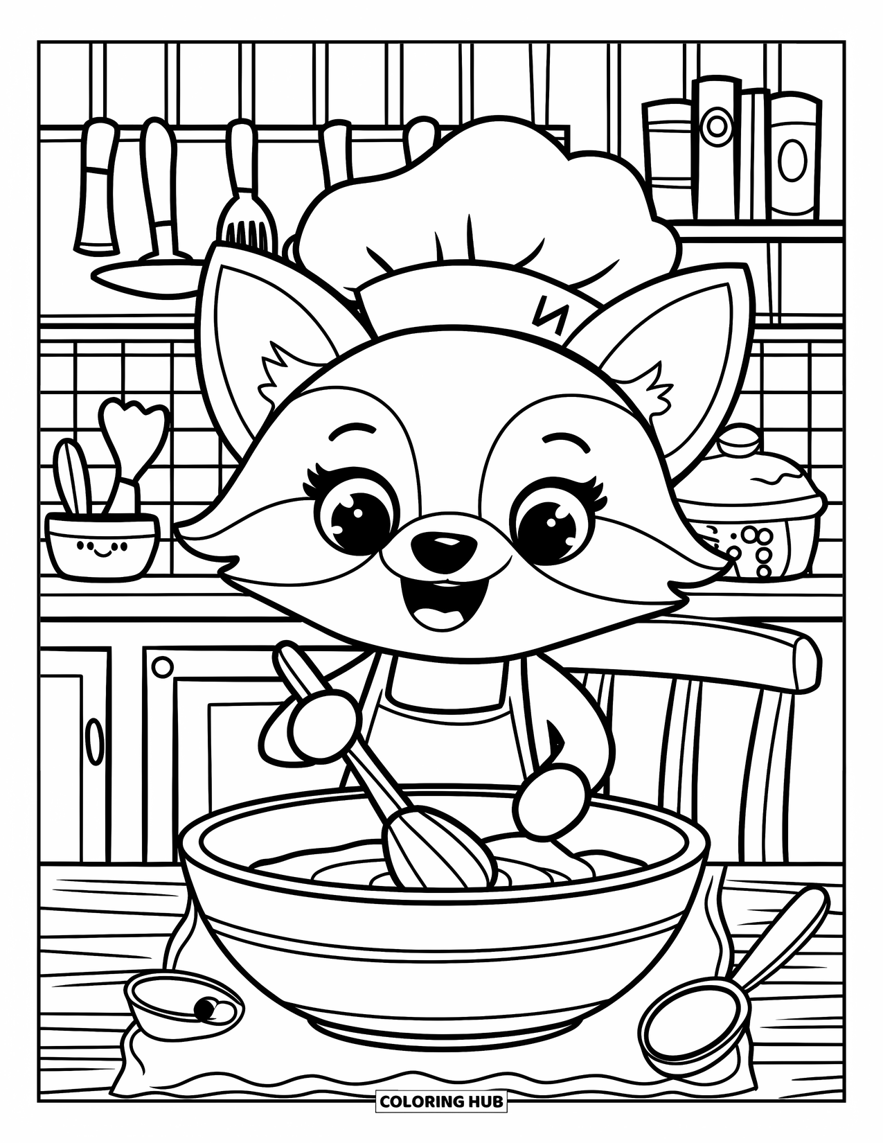 Bakery Coloring Page for Adults: A happy fox mixing batter in a warm kitchen filled with utensils and books