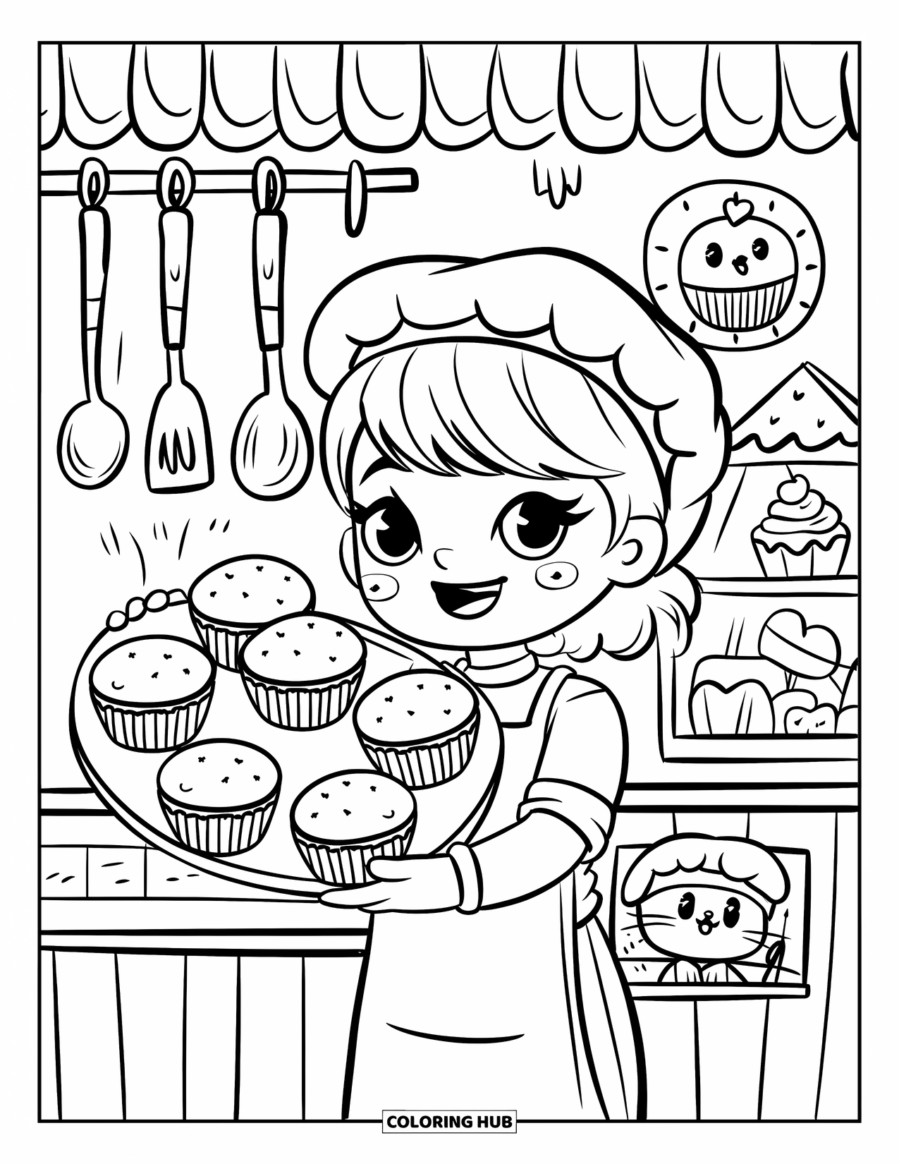 Bakery Coloring Page for Adults: A happy young baker holding muffins with a cat under the counter