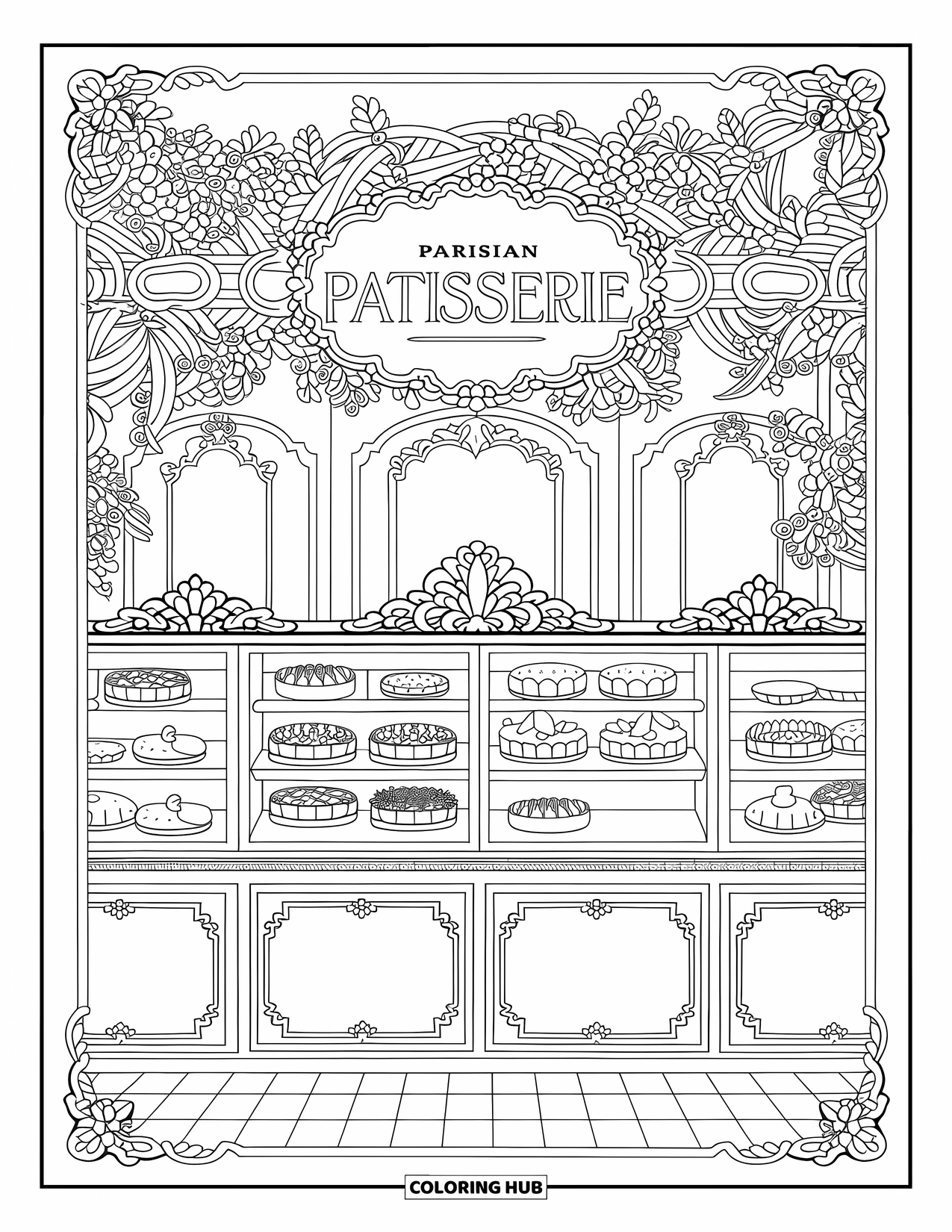 Bakery Coloring Page for Adults: A Parisian patisserie with glass cases of pastries and ornate borders