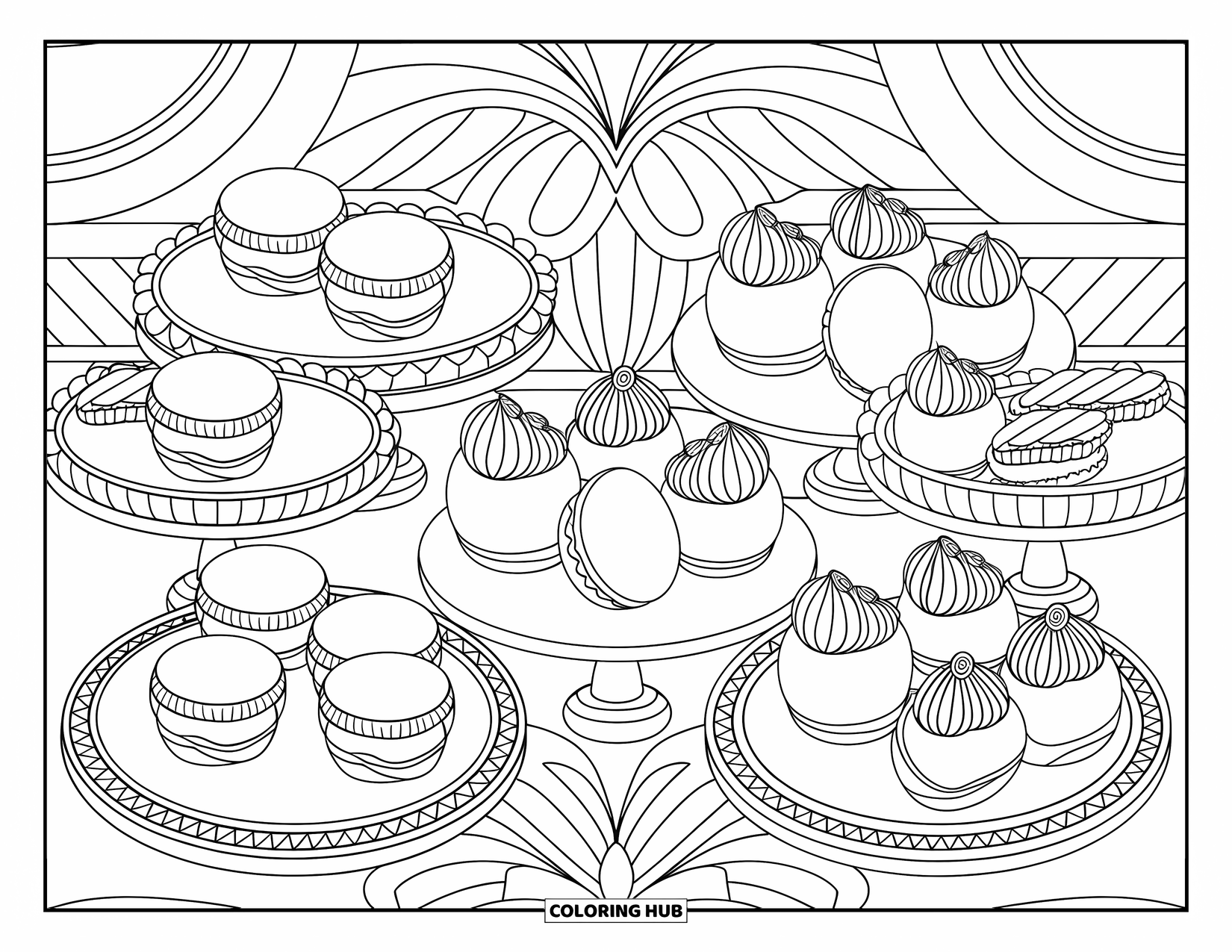 Bakery Coloring Page for Adults: A platter of tarts, eclairs, and macarons arranged with intricate symmetry