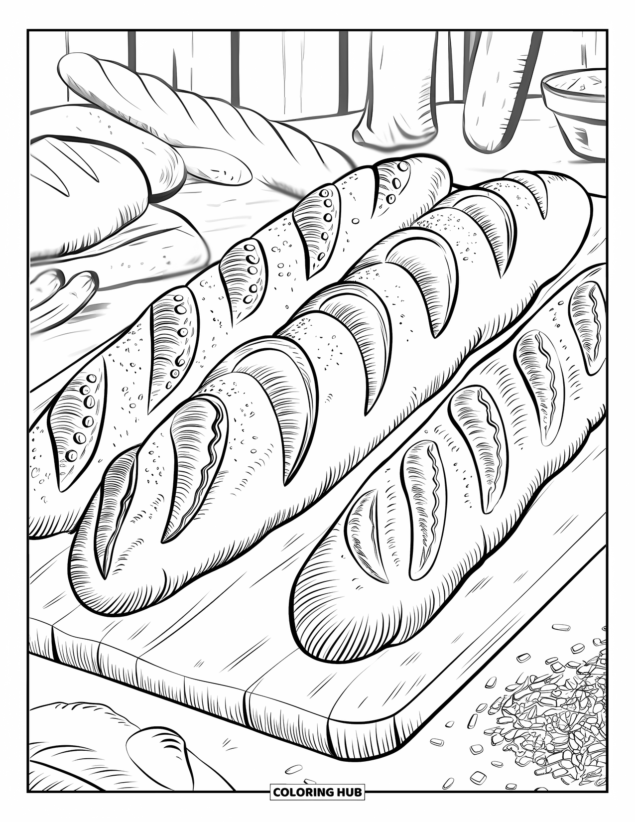 Bakery Coloring Page for Adults: A rustic bread display with crumbs and baking tools nearby