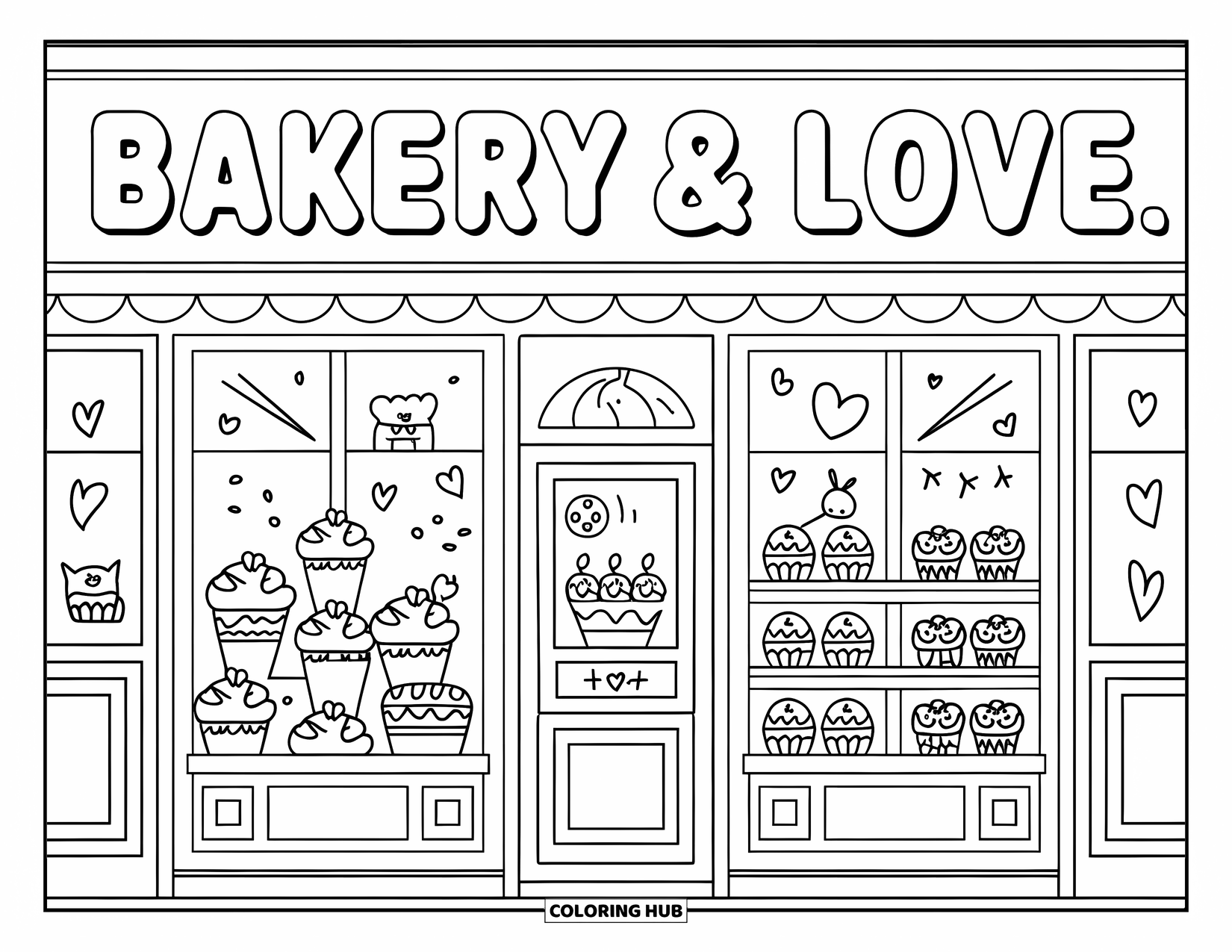 Bakery Coloring Page for Adults: A sweet bakery storefront with cupcakes, pies, and a little heart