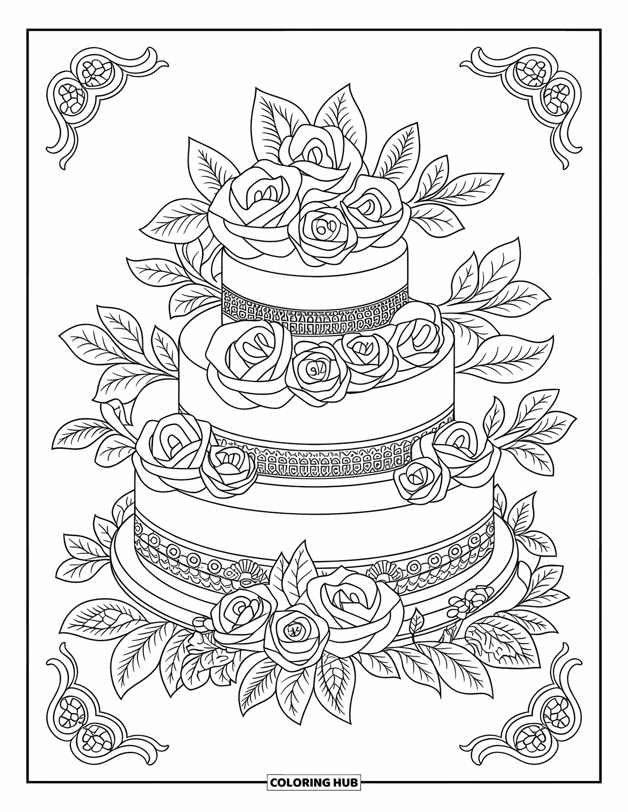 Bakery Coloring Page for Adults: A three-tier wedding cake adorned with roses and intricate lace designs
