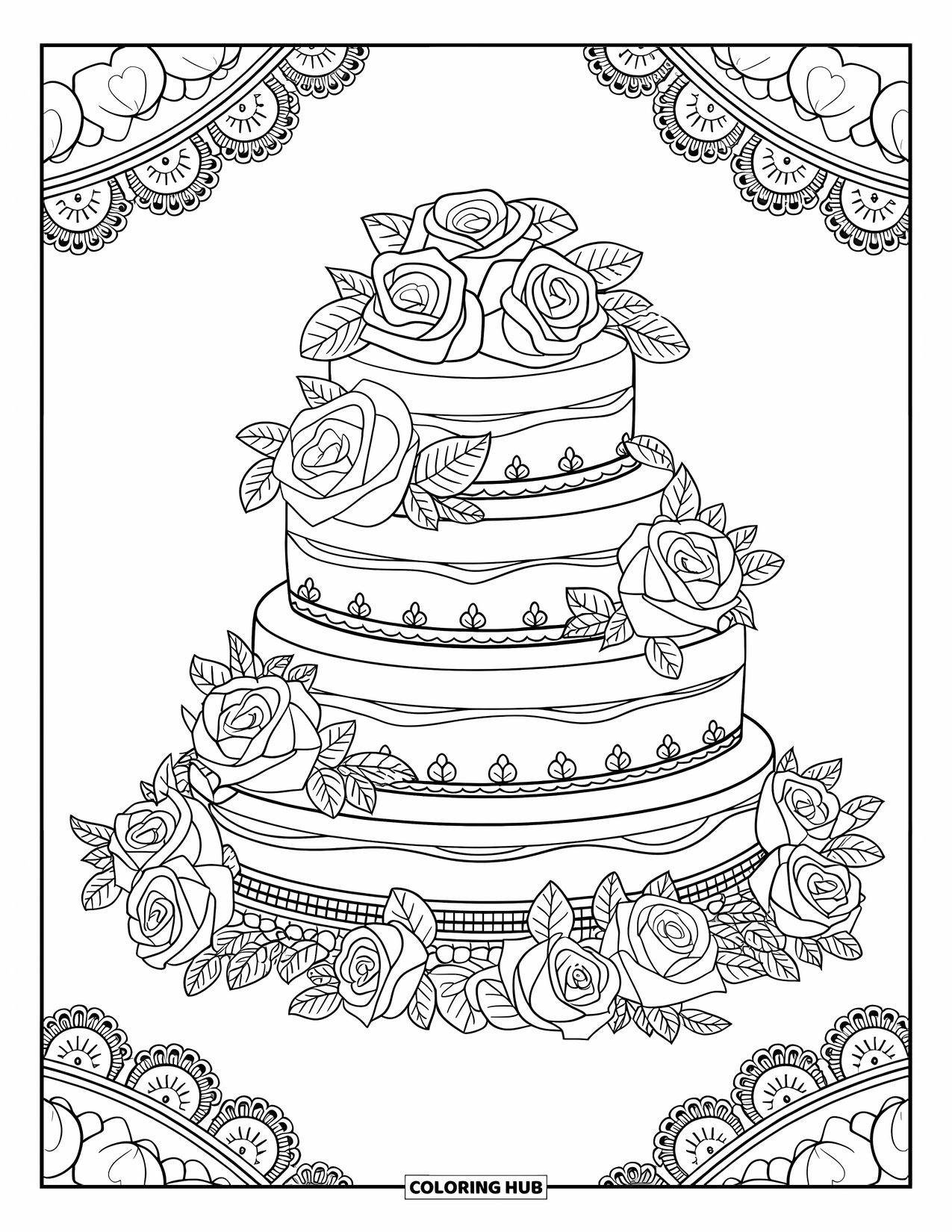 Bakery Coloring Page for Adults: A tiered wedding cake decorated with roses and lace borders