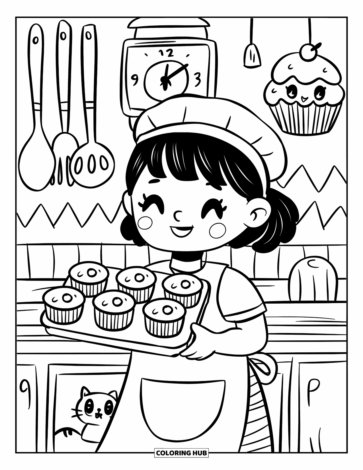 Bakery Coloring Page for Adults: A young baker proudly holding muffins beside hanging kitchen tools