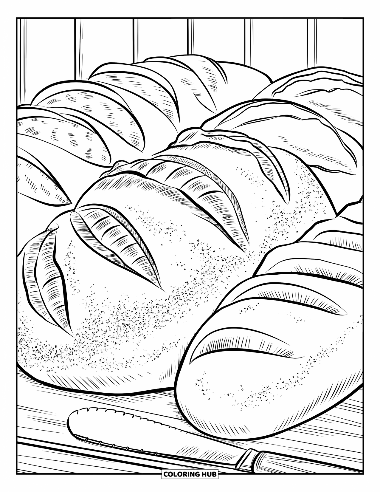 Bakery Coloring Page for Adults: Assorted artisan breads with detailed crusts on a wooden board