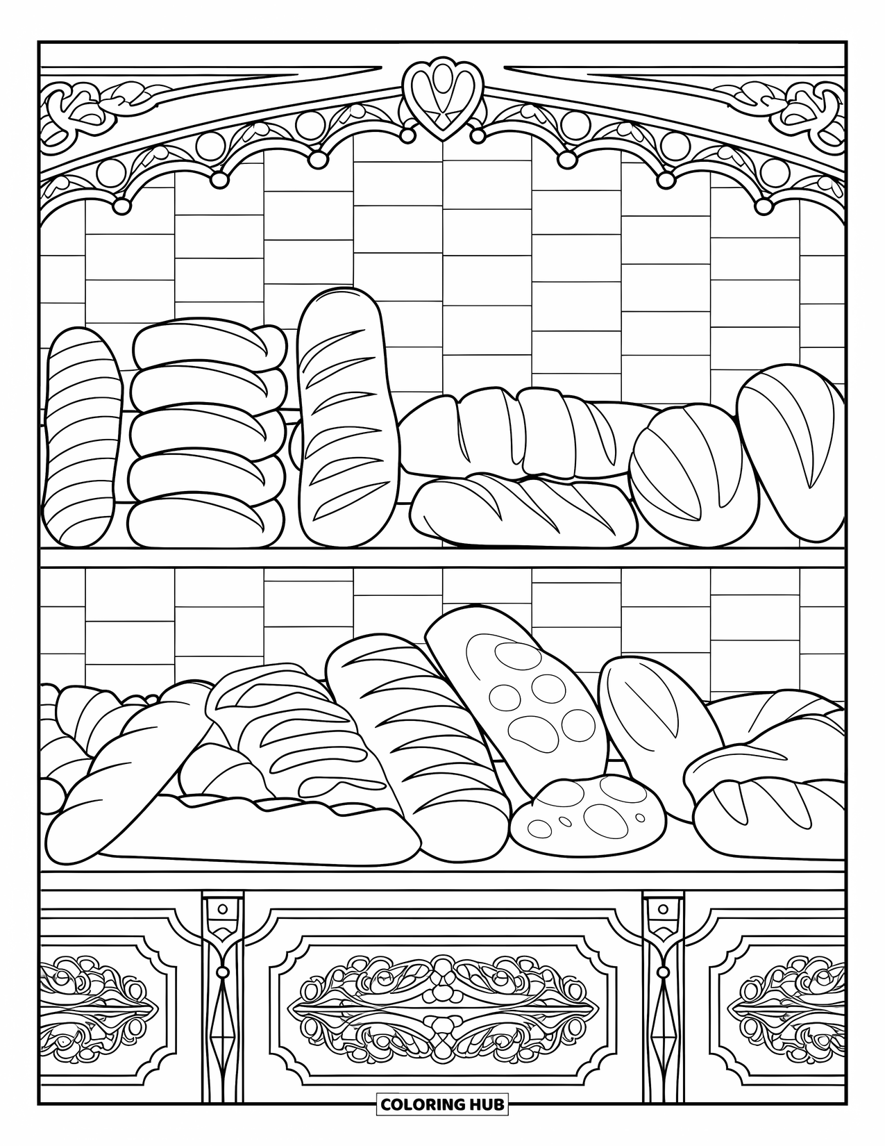 Bakery Coloring Page for Adults: Neatly arranged bread and baguettes on a carved wooden bakery shelf