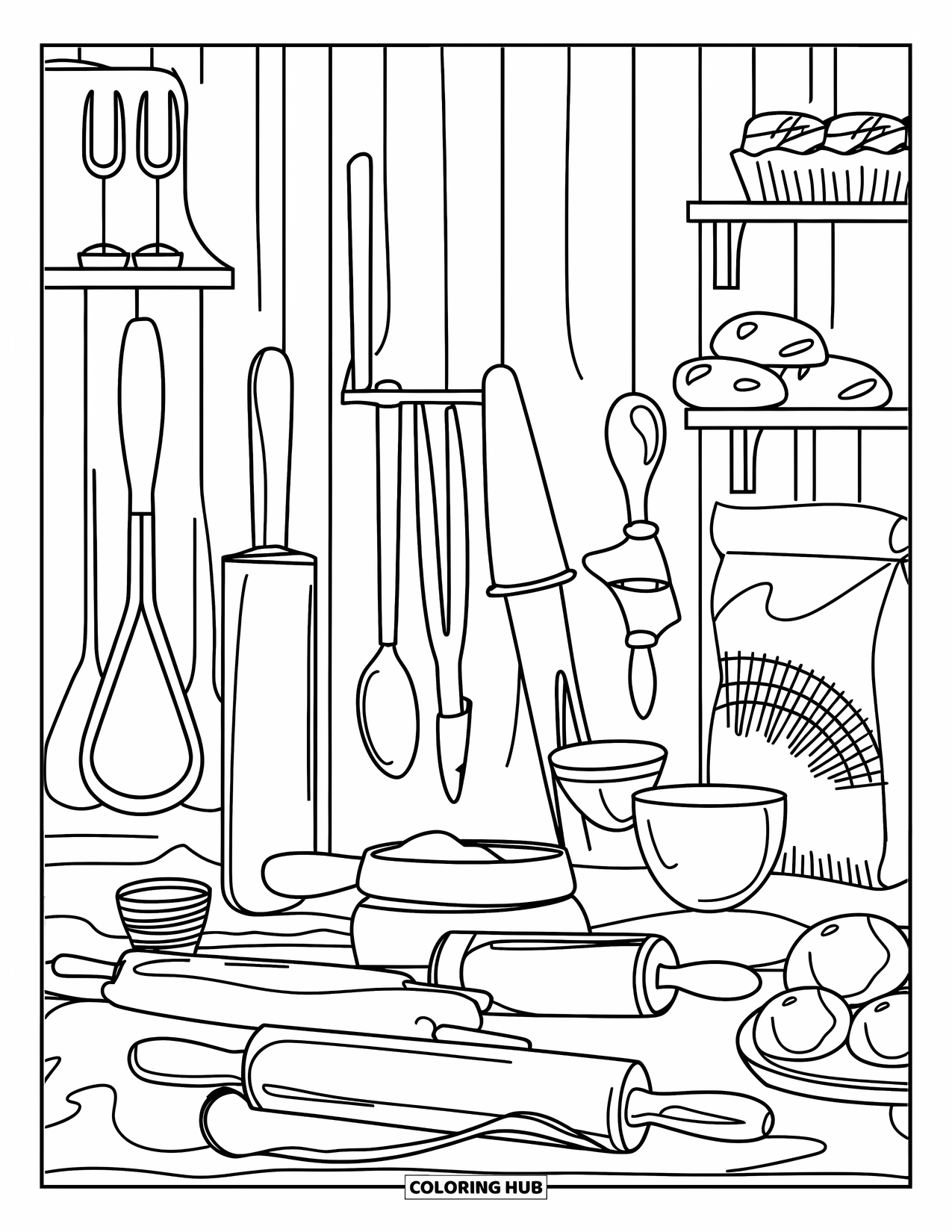 Bakery Coloring Page for Adults: Rolling pins and sifters arranged on a vintage bakery table