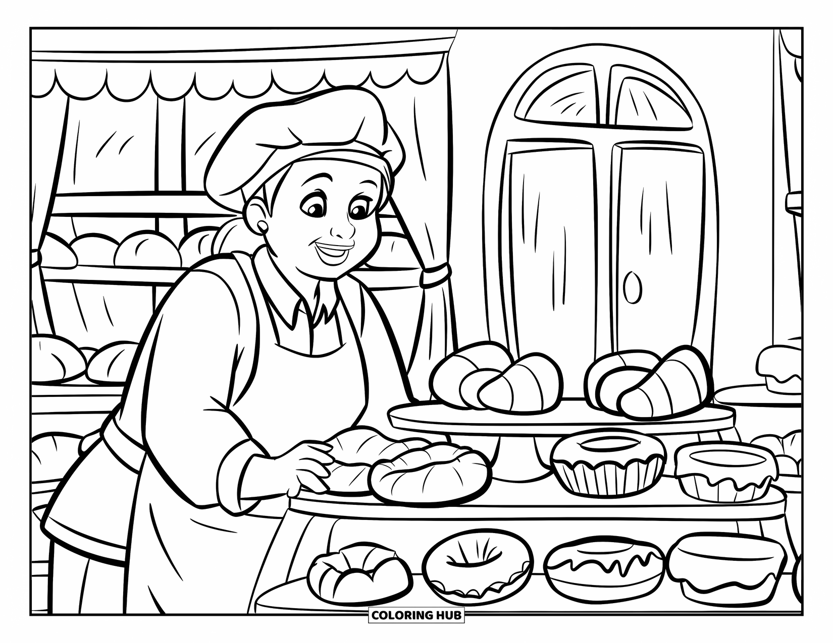 Bakery Coloring Page for Kids: A baker organizing pastries on a shelf inside a cozy bakery