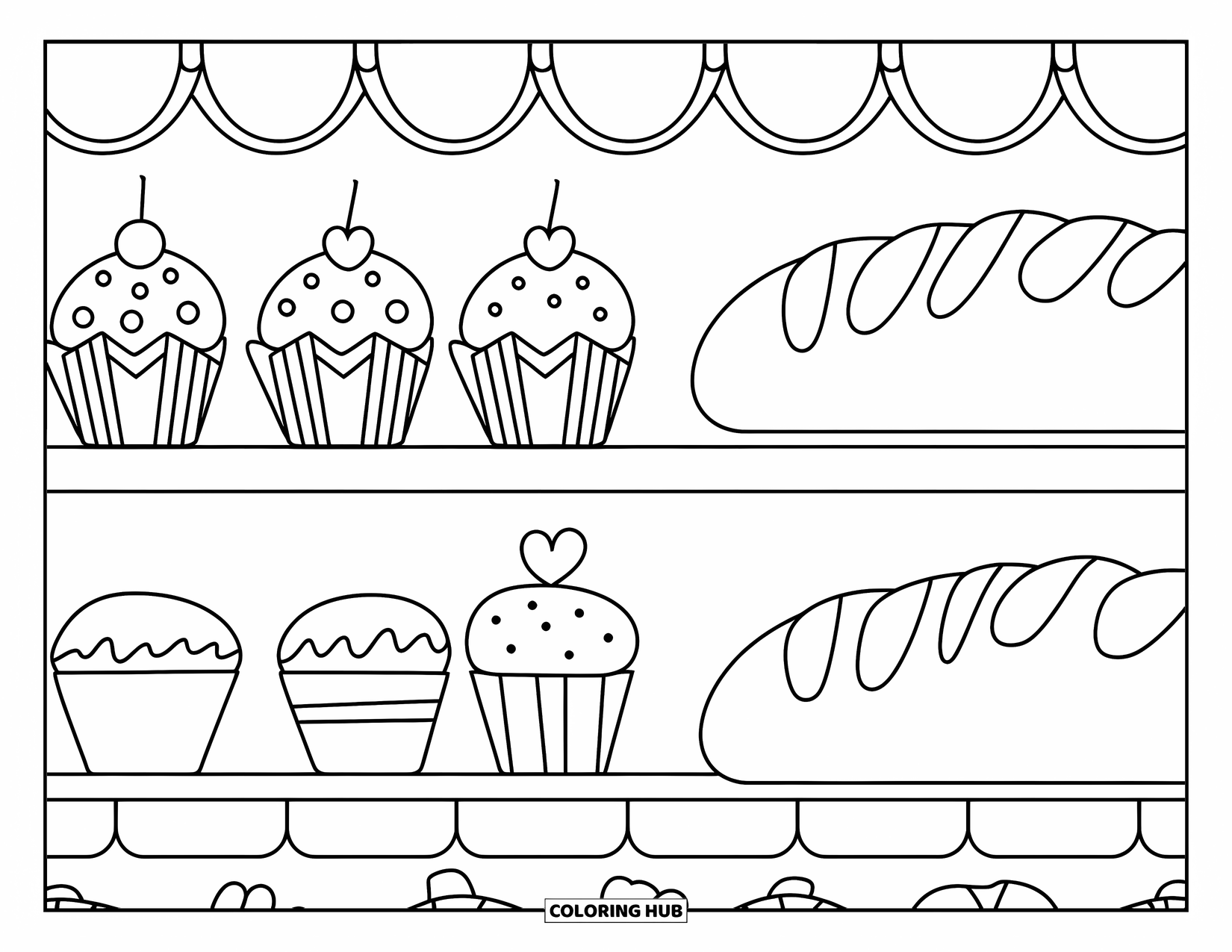 Bakery Coloring Page for Kids: A bakery shelf with patterned cupcakes and braided bread loaves