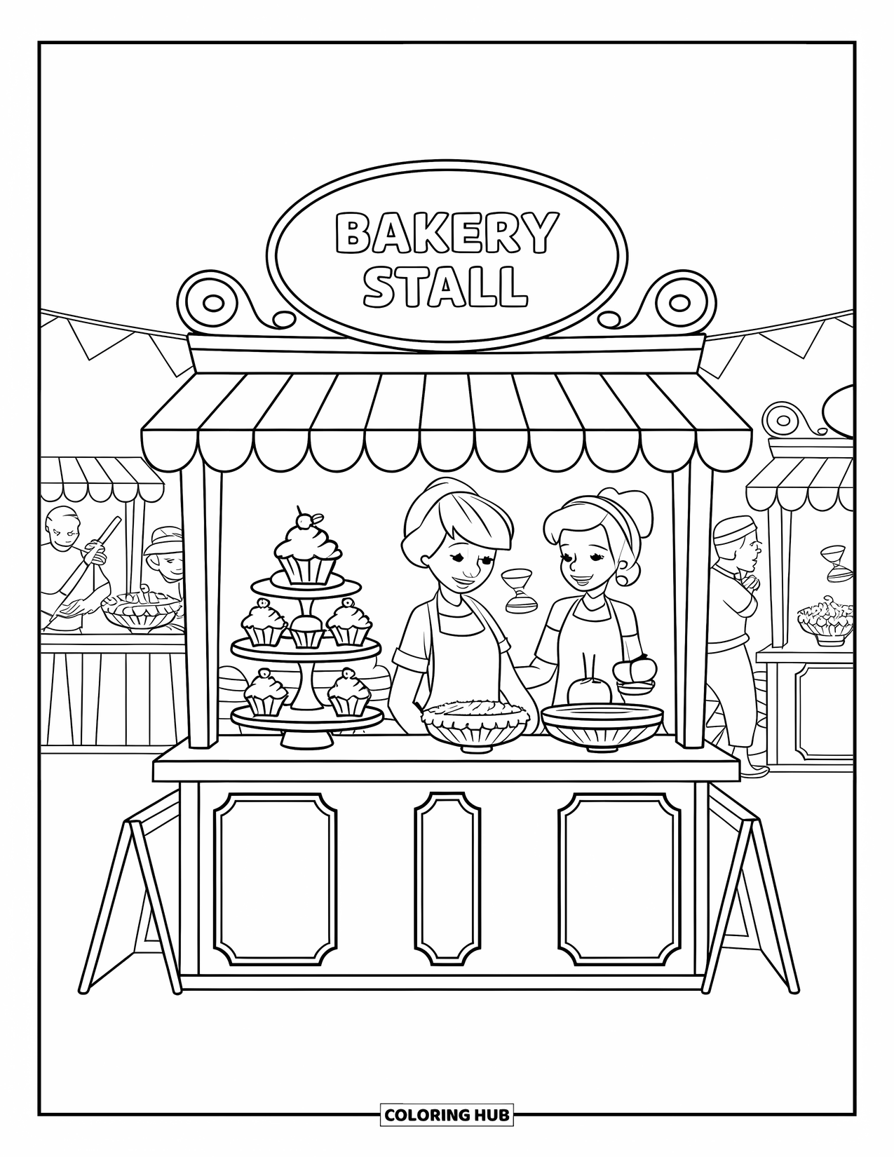 Bakery Coloring Page for Kids: A bakery stall at a fair selling cupcakes and pies
