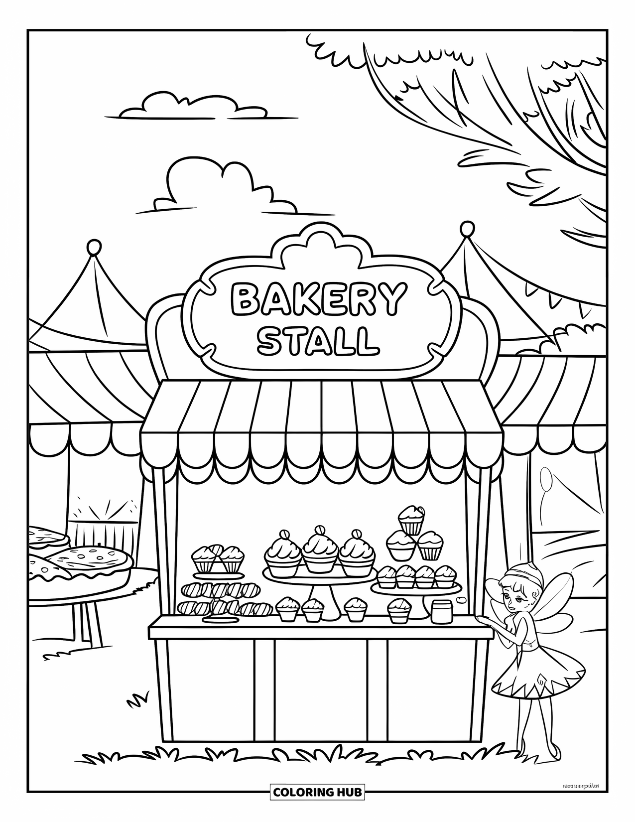 Bakery Coloring Page for Kids: A bakery stall at a fair with cupcakes, pies, and a friendly fairy