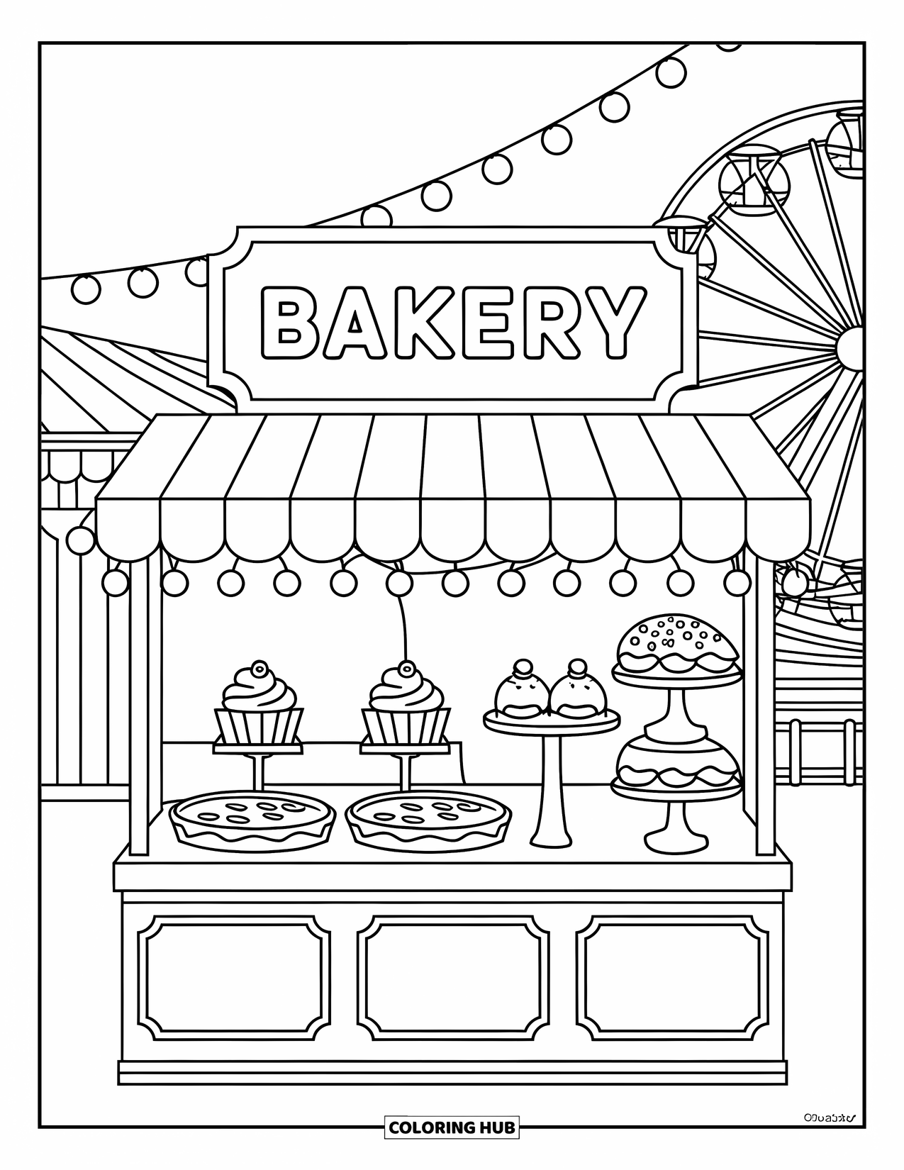Bakery Coloring Page for Kids: A bakery stall with cupcakes, pies, and fairy lights at a fair