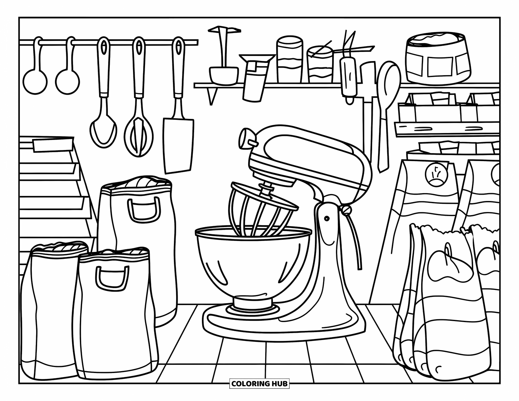 Bakery Coloring Page for Kids: A baking station with a mixer, utensils, and flour bags