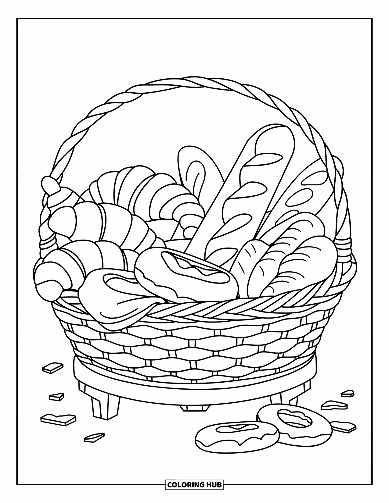 Bakery Coloring Page for Kids: A basket filled with pastries, croissants, bagels, and bread rolls
