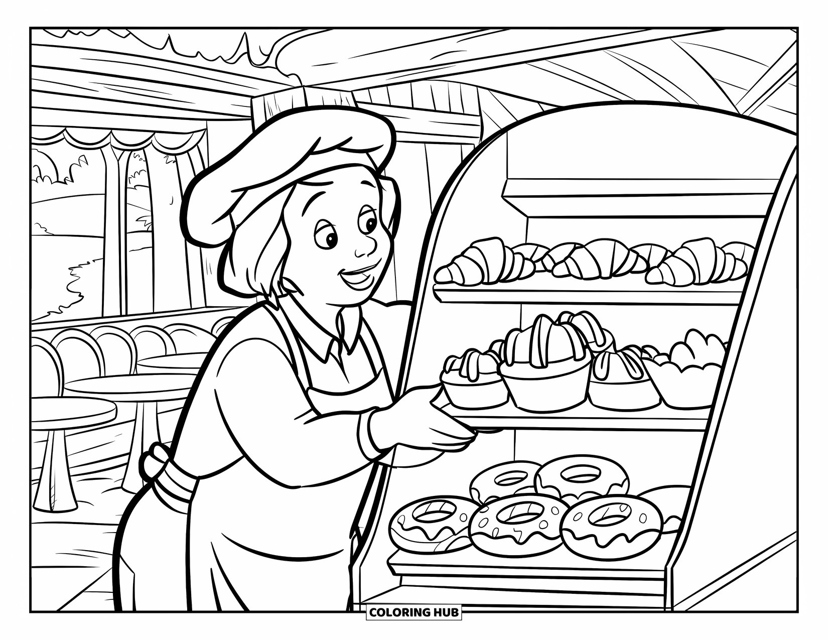 Bakery Coloring Page for Kids: A cheerful baker arranging croissants, muffins, and donuts on display