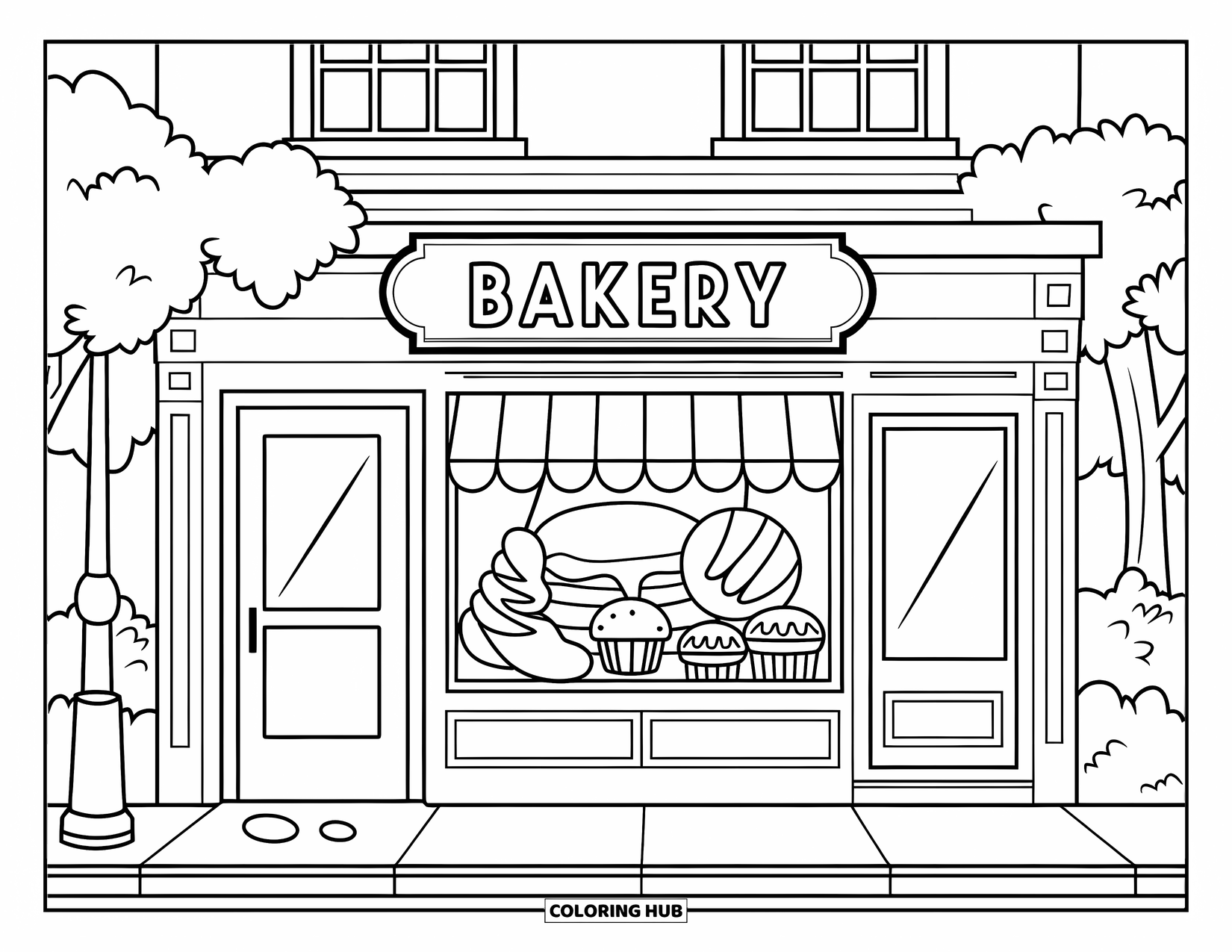 Bakery Coloring Page for Kids: A cheerful bakery storefront with pastries and a street lamp
