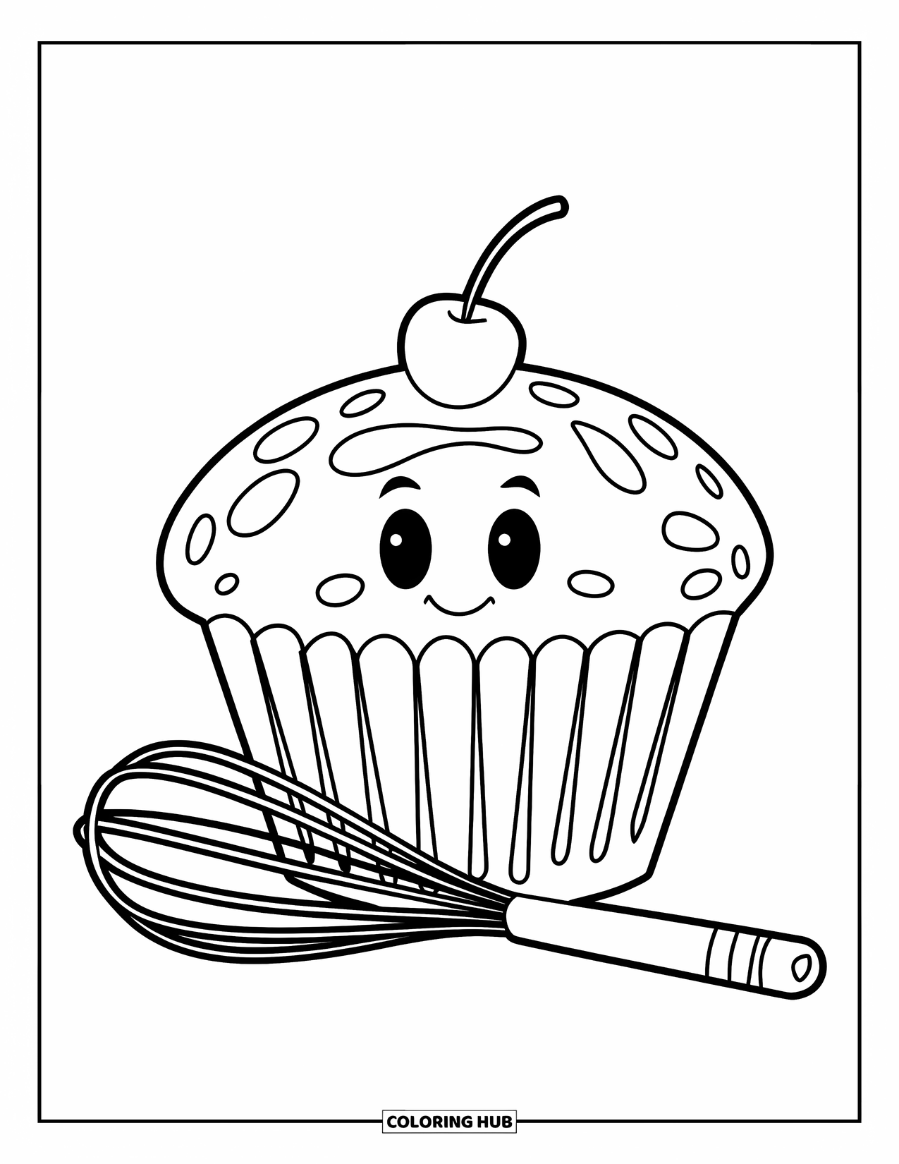Bakery Coloring Page for Kids: A cheerful muffin with a smiley face beside a whisk and spoon