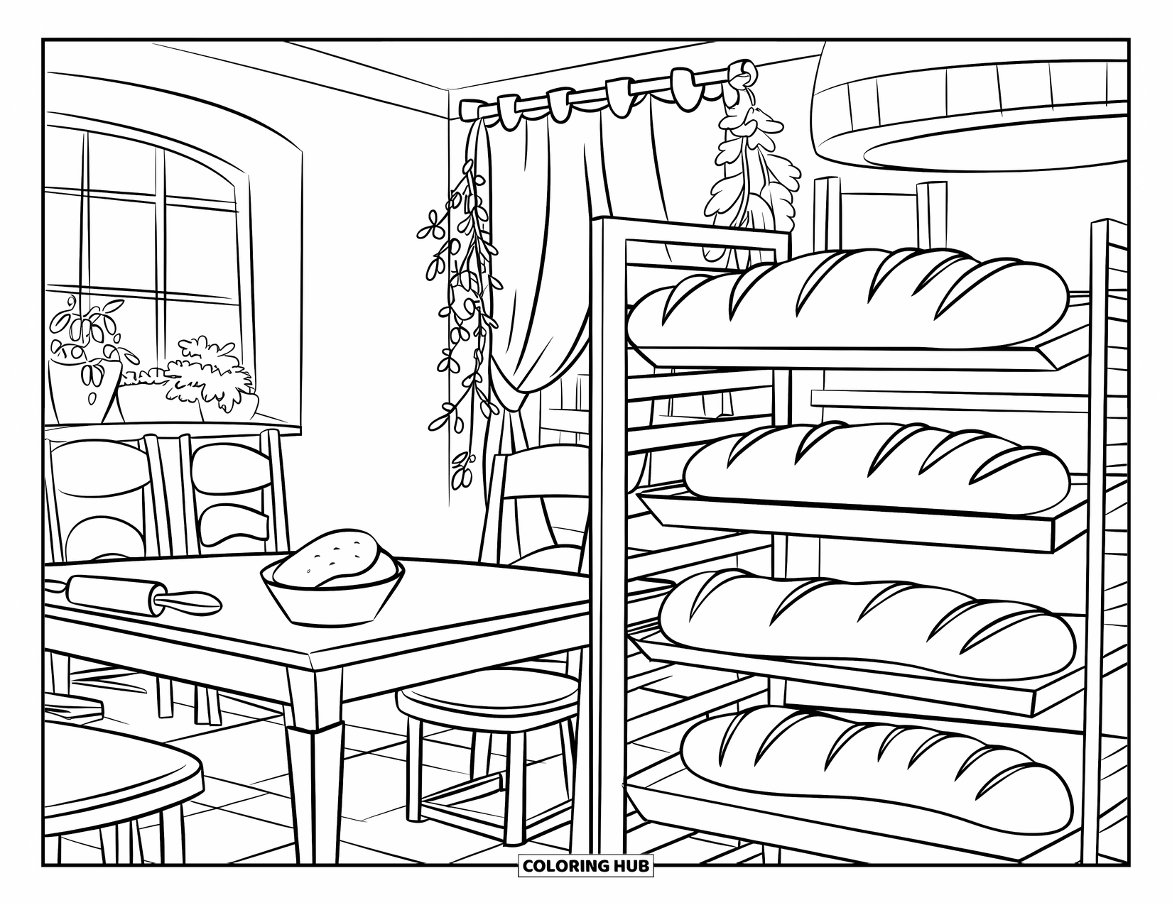 Bakery Coloring Page for Kids: A cozy bakery kitchen with bread cooling on racks and potted plants nearby