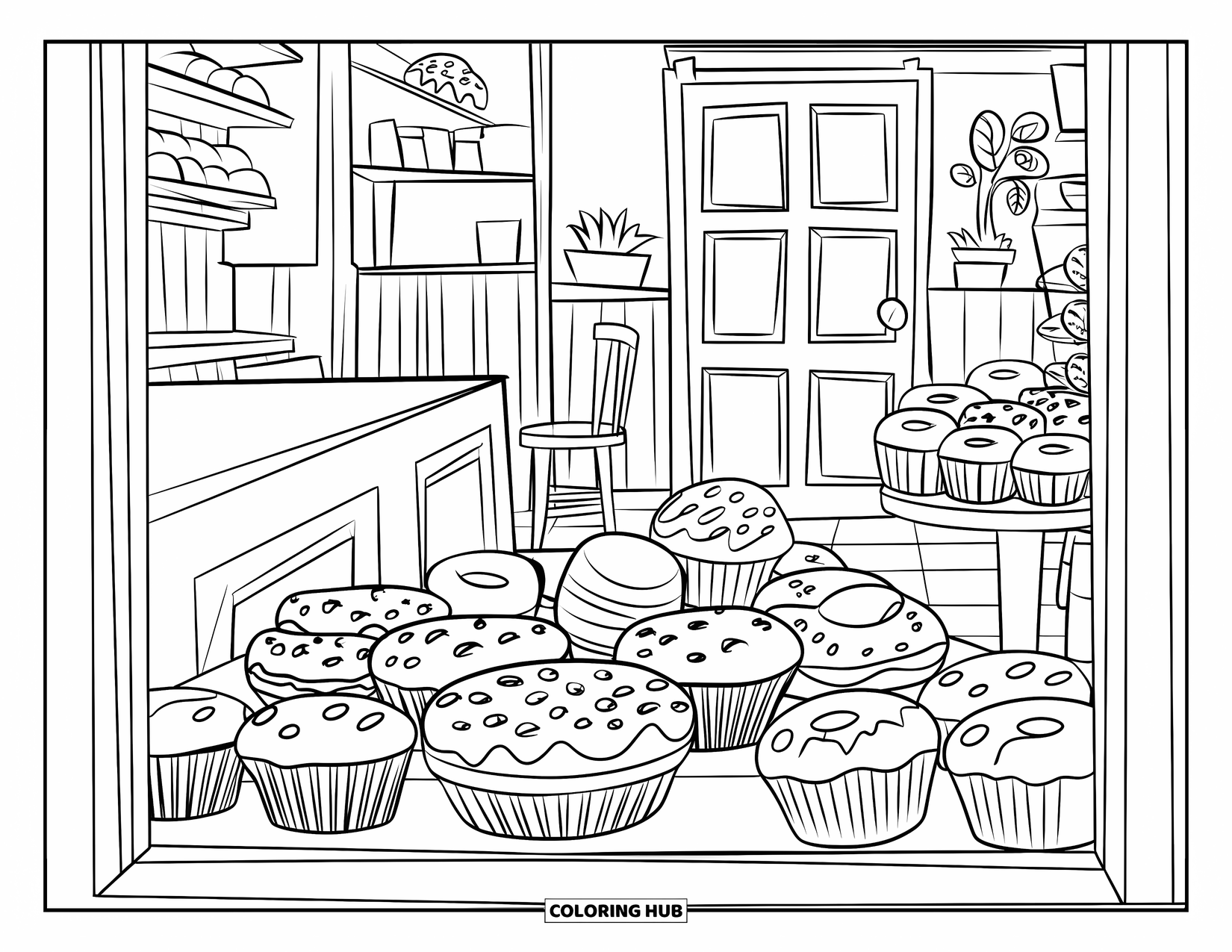 Bakery Coloring Page for Kids: A cozy bakery scene with muffins, donuts, and potted plants