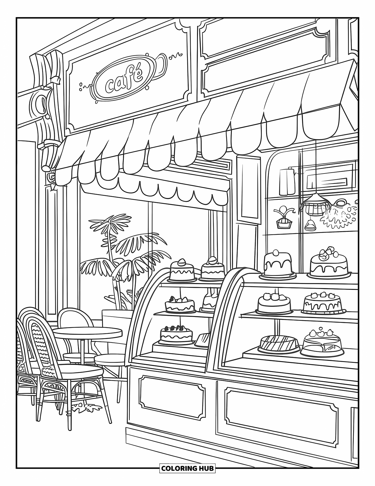 Bakery Coloring Page for Kids: A cozy café with cakes and pastries in glass displays