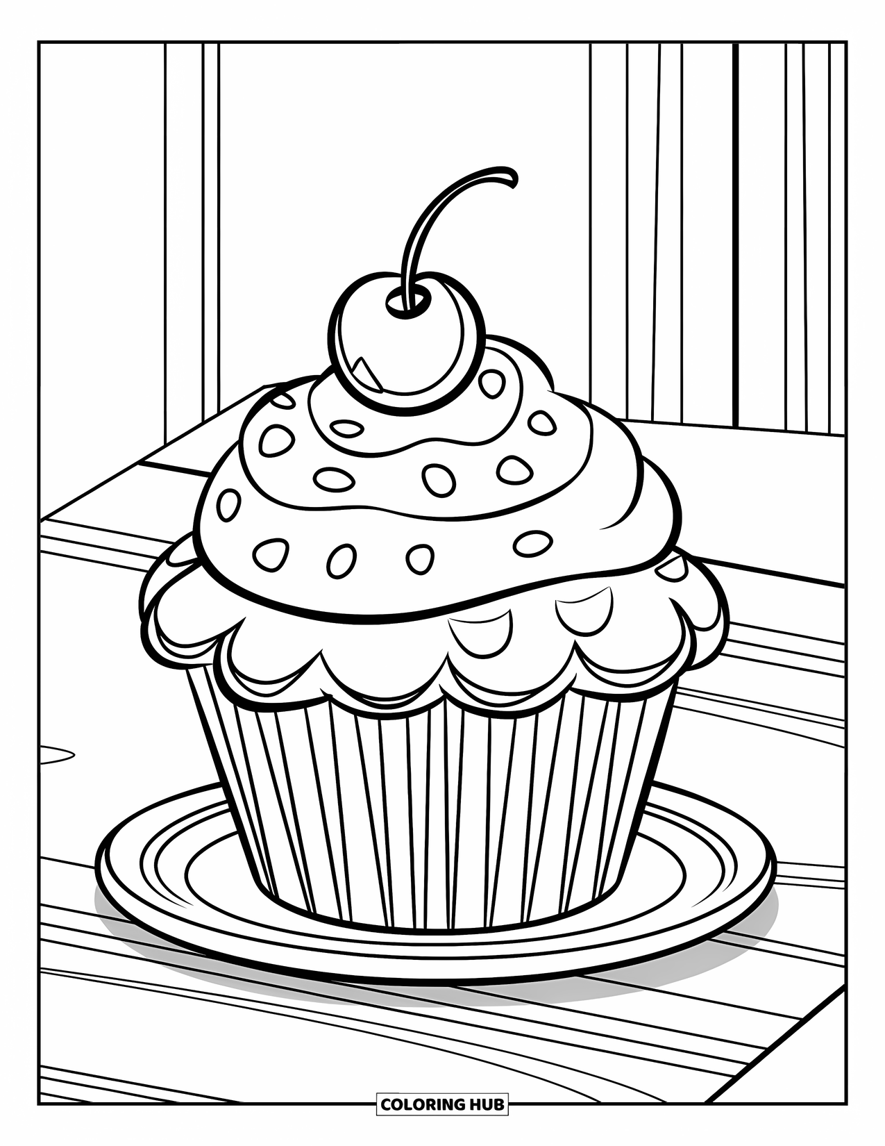 Bakery Coloring Page for Kids: A cupcake with a cherry on top and fluffy frosting