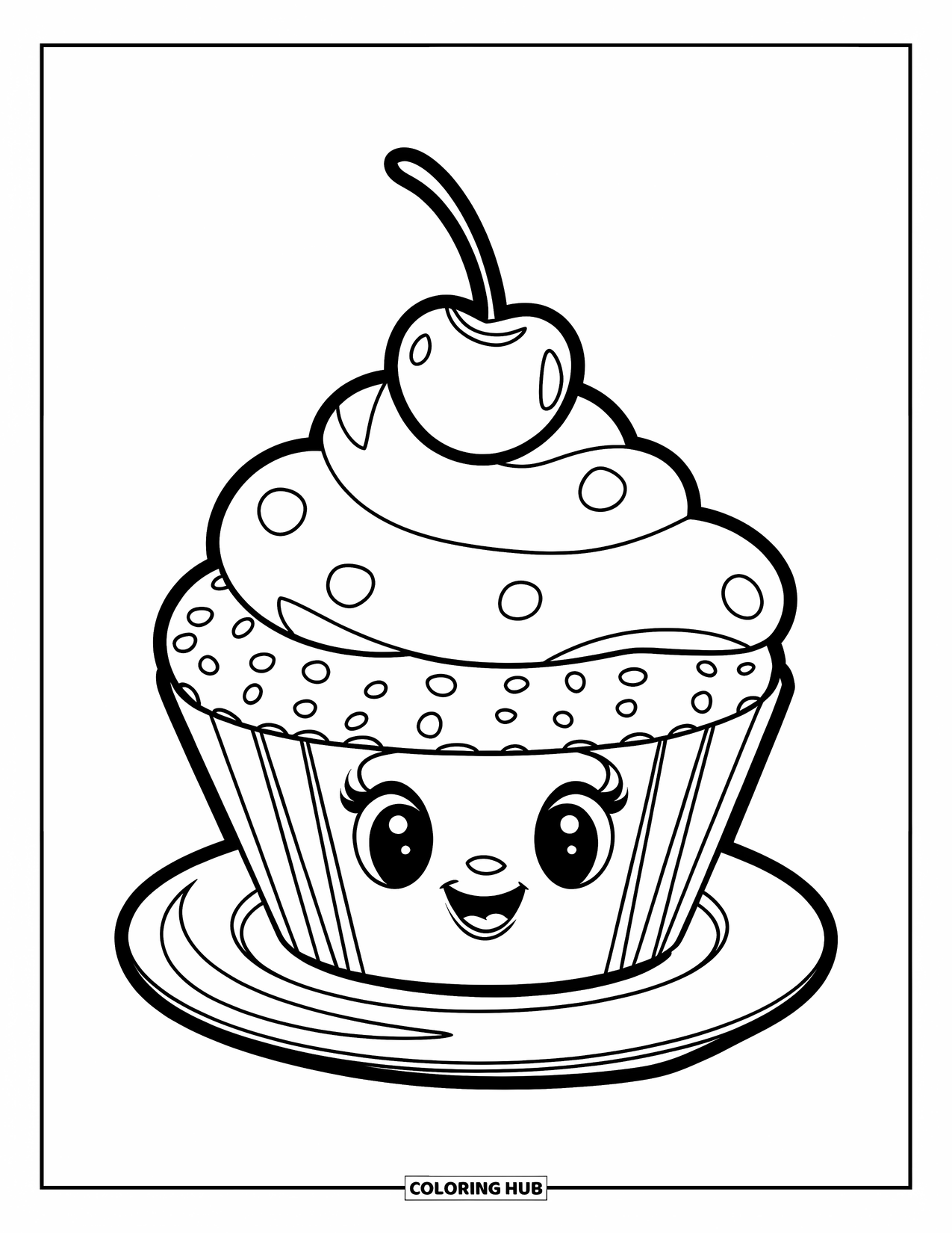 Bakery Coloring Page for Kids: A cupcake with round frosting and a cherry resting on a plate