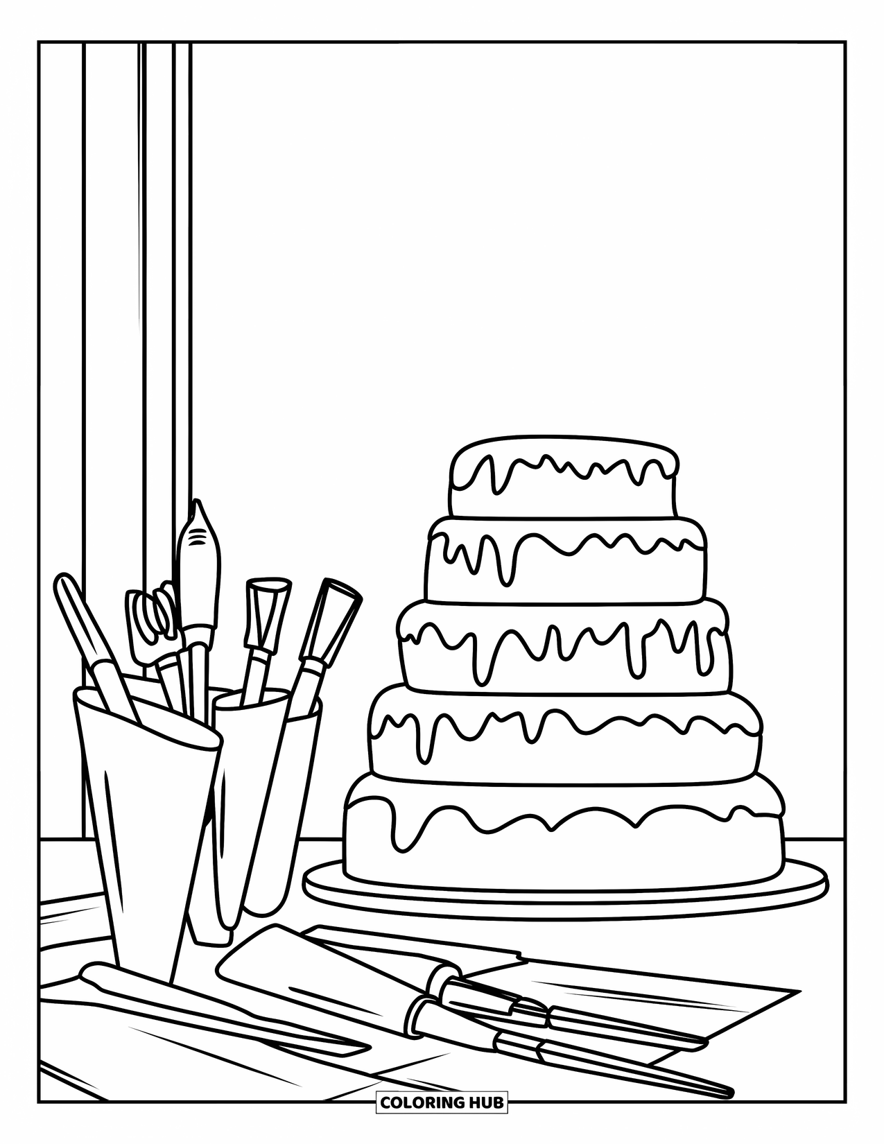 Bakery Coloring Page for Kids: A decorated tiered cake beside piping bags and baking tools