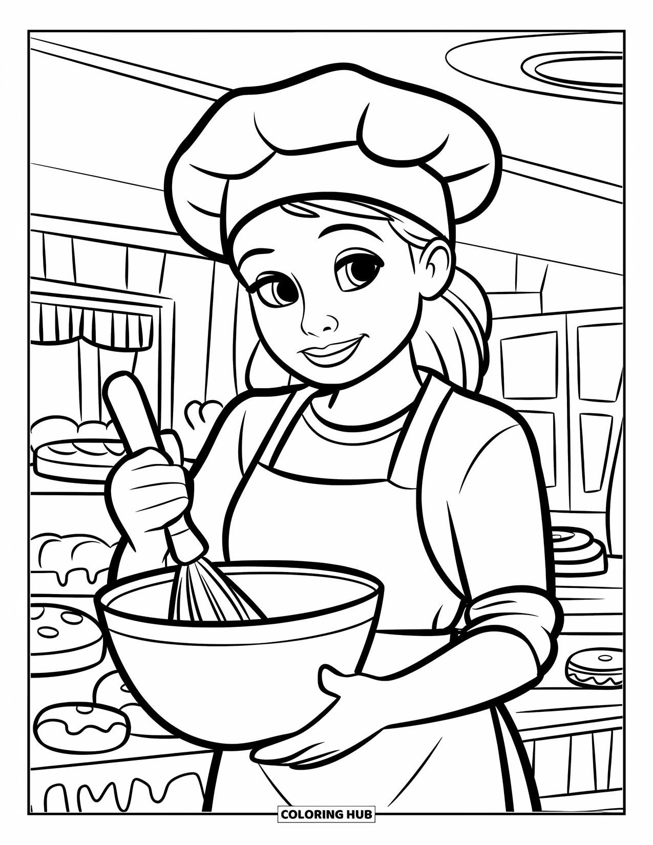 Bakery Coloring Page for Kids: A friendly baker holding a mixing bowl in a cozy bakery