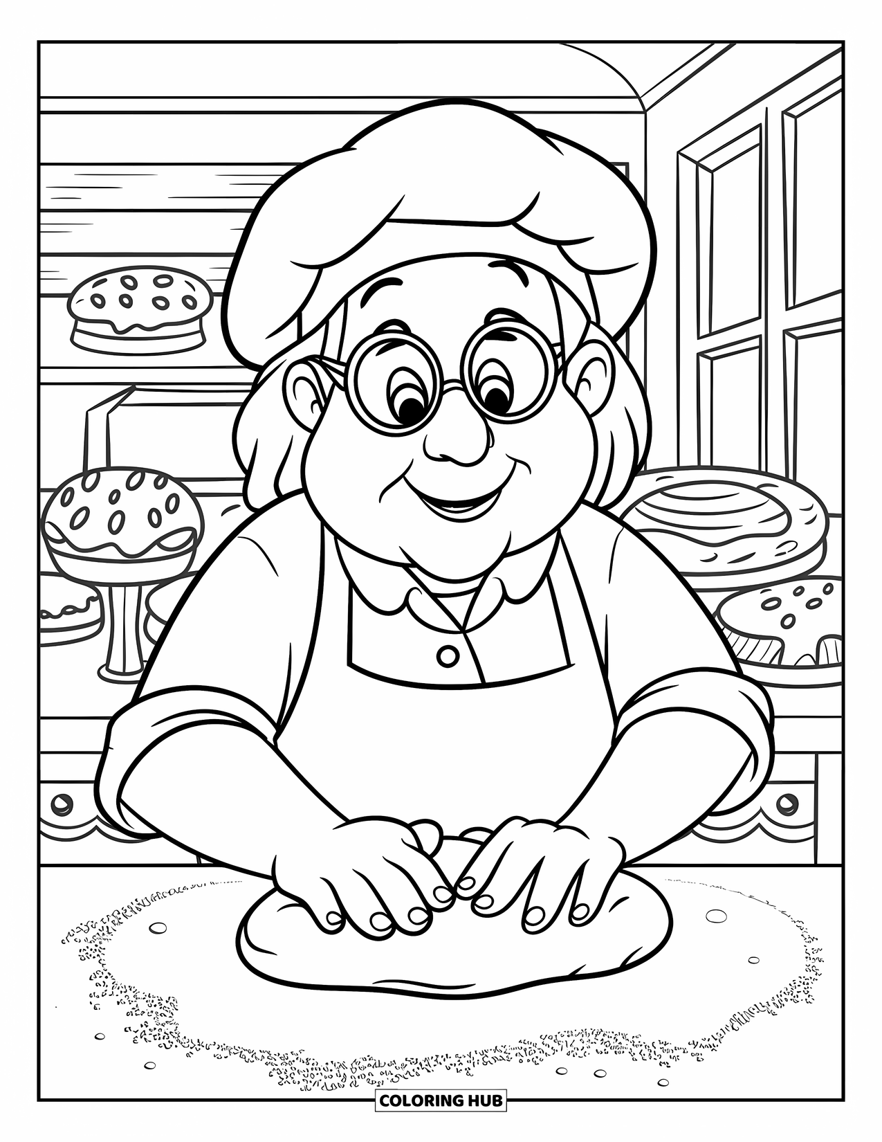 Bakery Coloring Page for Kids: A friendly baker kneading dough in a cozy bakery