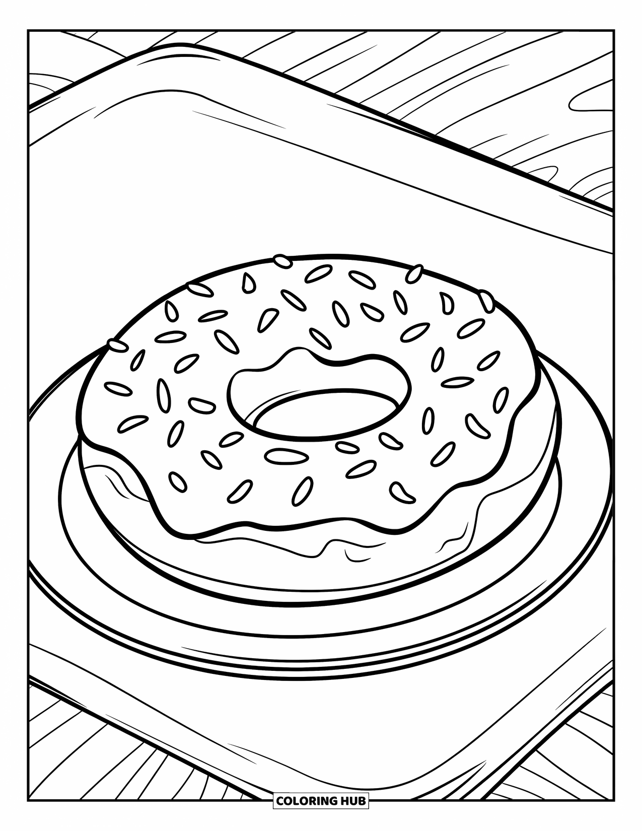 Bakery Coloring Page for Kids: A happy donut with sprinkles sitting on a plate