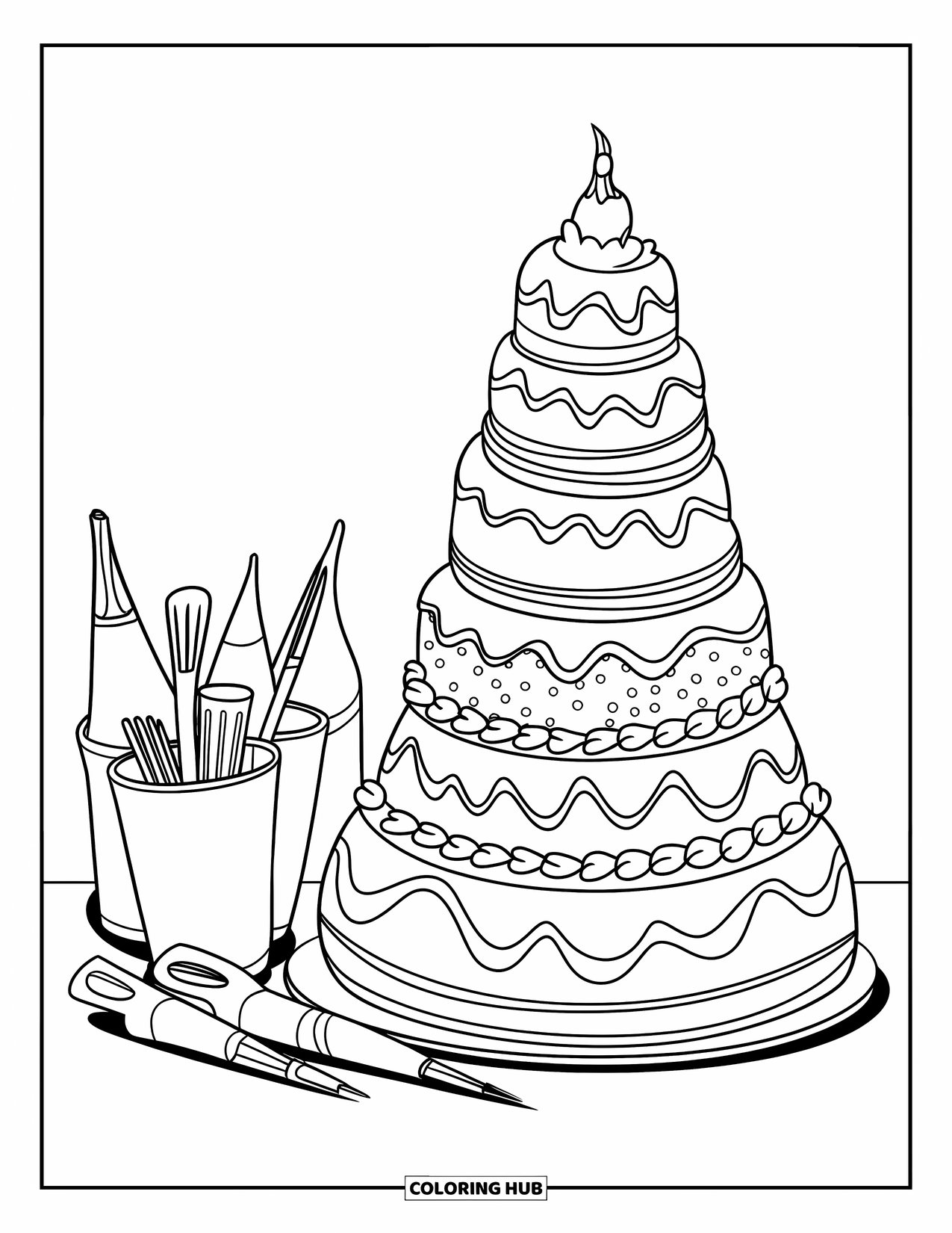 Bakery Coloring Page for Kids: A large tiered cake surrounded by piping bags and utensils