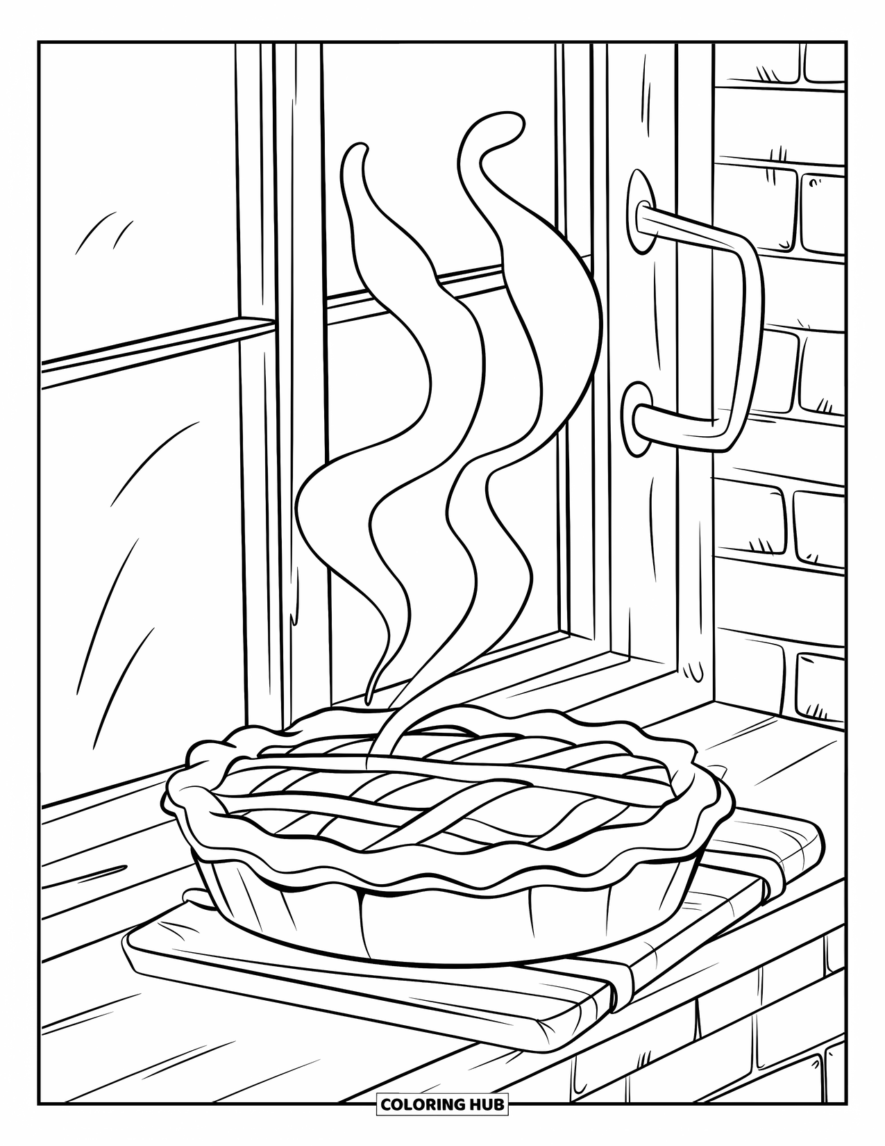 Bakery Coloring Page for Kids: A lattice pie cooling on a wooden windowsill against a brick wall