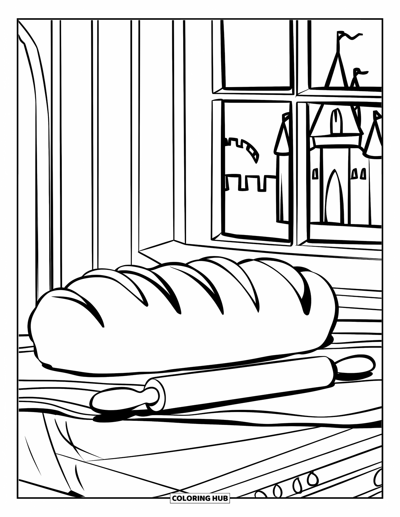 Bakery Coloring Page for Kids: A loaf of bread and rolling pin on a bakery table by a window