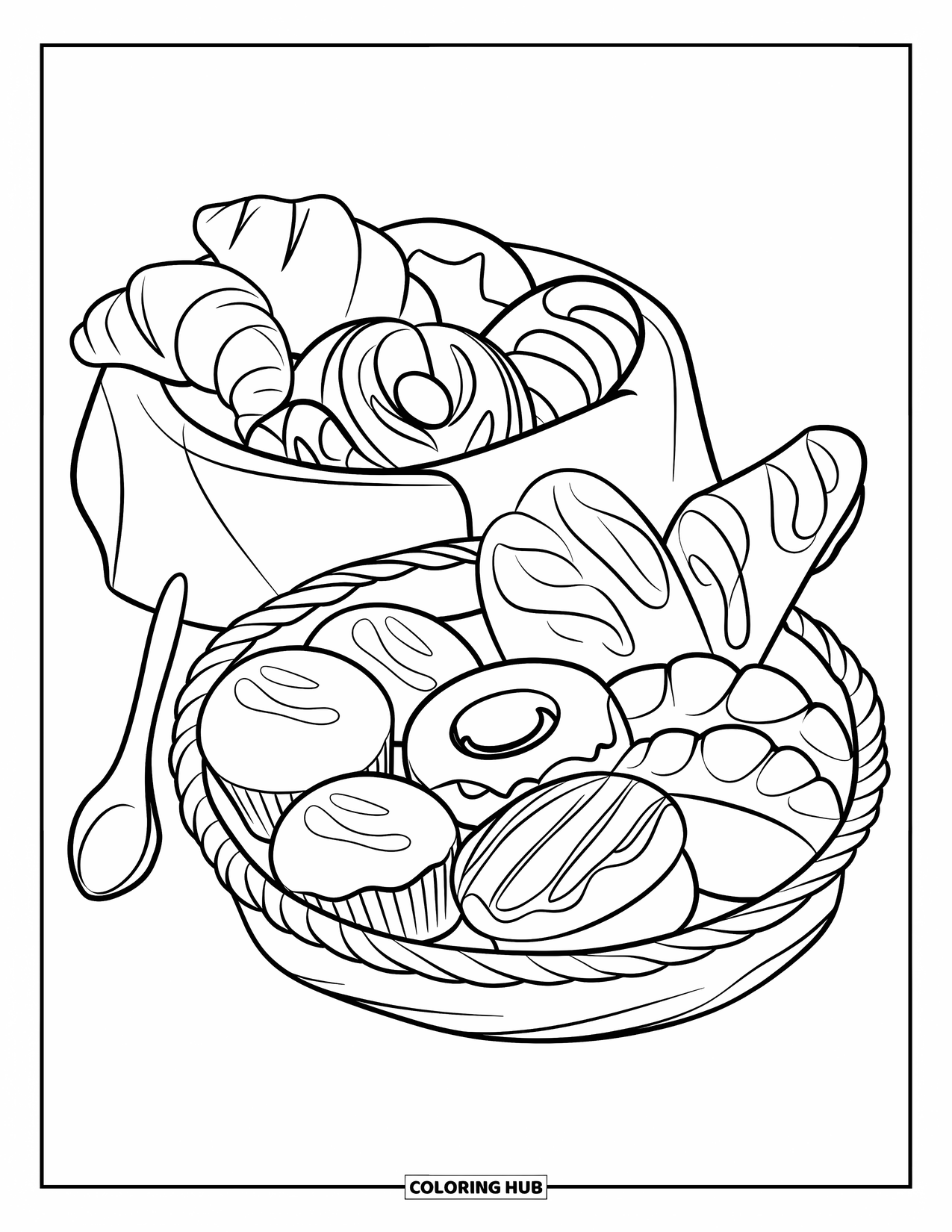 Bakery Coloring Page for Kids: A pastry basket with croissants, donuts, muffins, and a wooden spoon