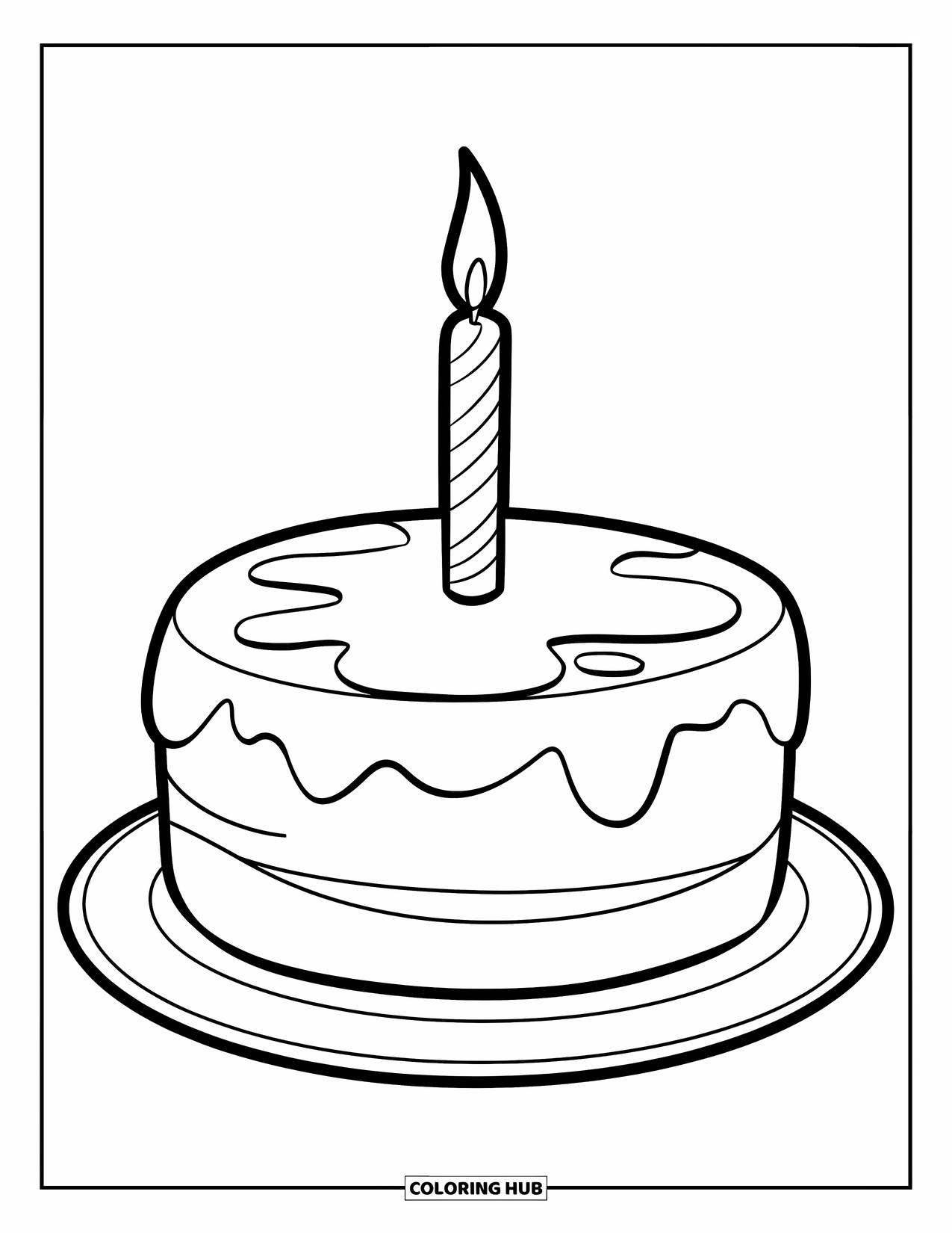 Bakery Coloring Page for Kids: A single-layer cake with a candle and smooth frosting