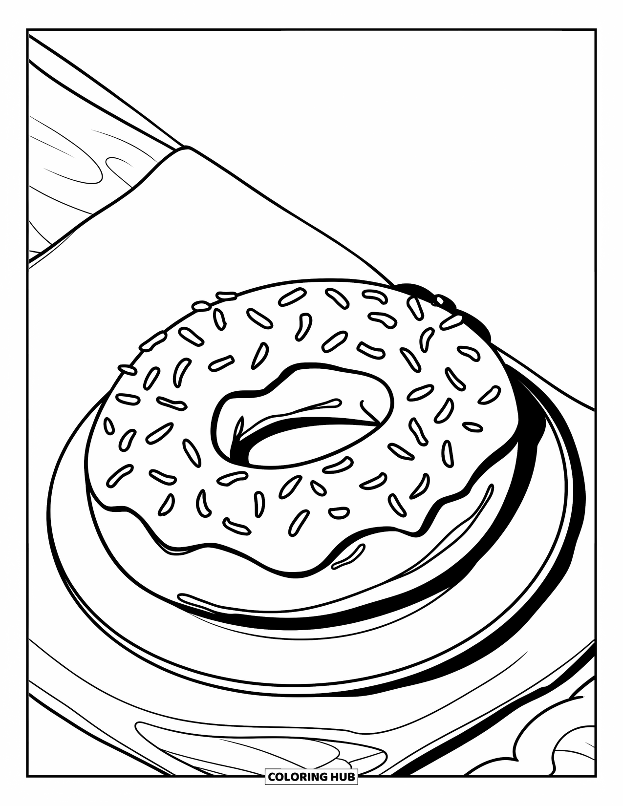 Bakery Coloring Page for Kids: A smiling donut with sprinkles resting on a plate