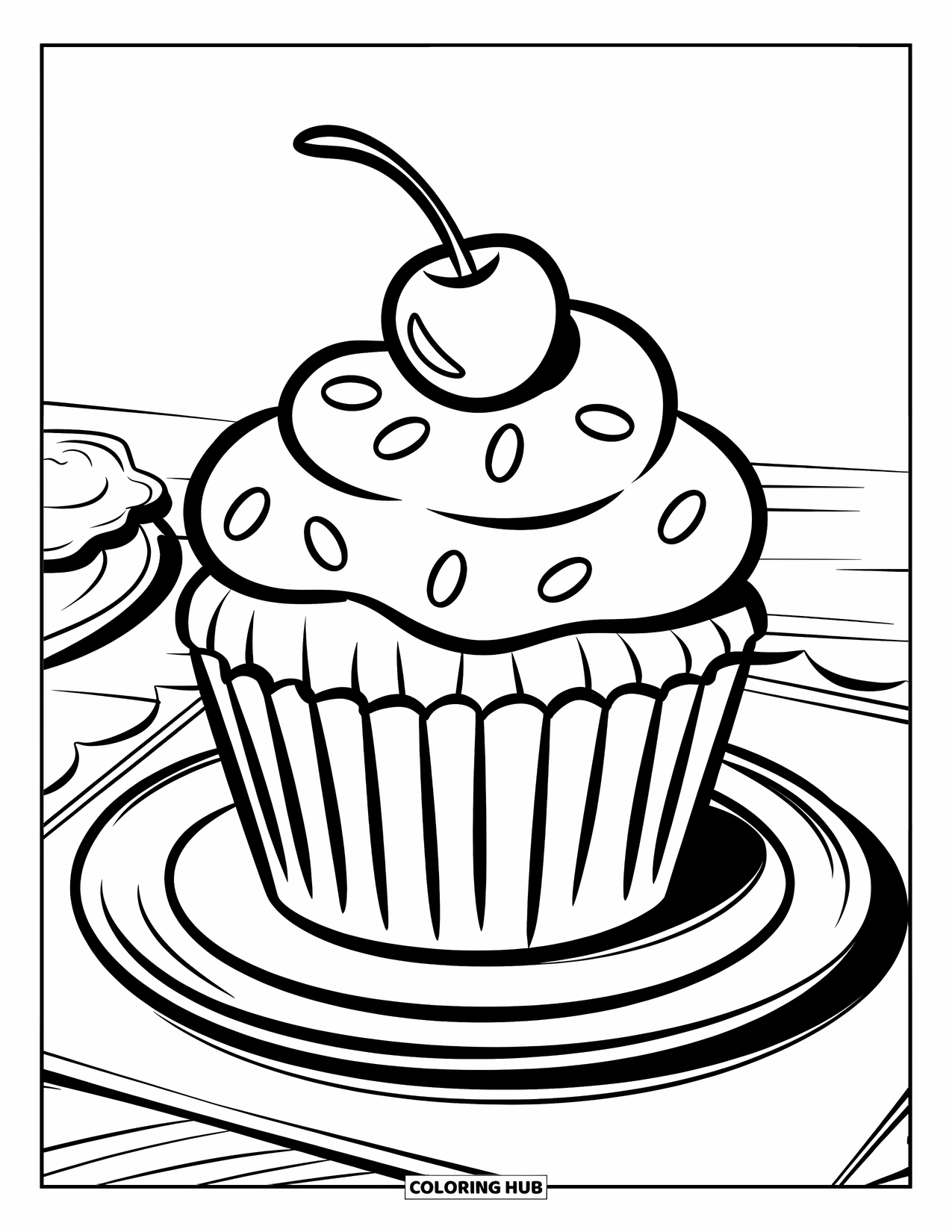 Bakery Coloring Page for Kids: A sprinkled cupcake with frosting and a cherry on top