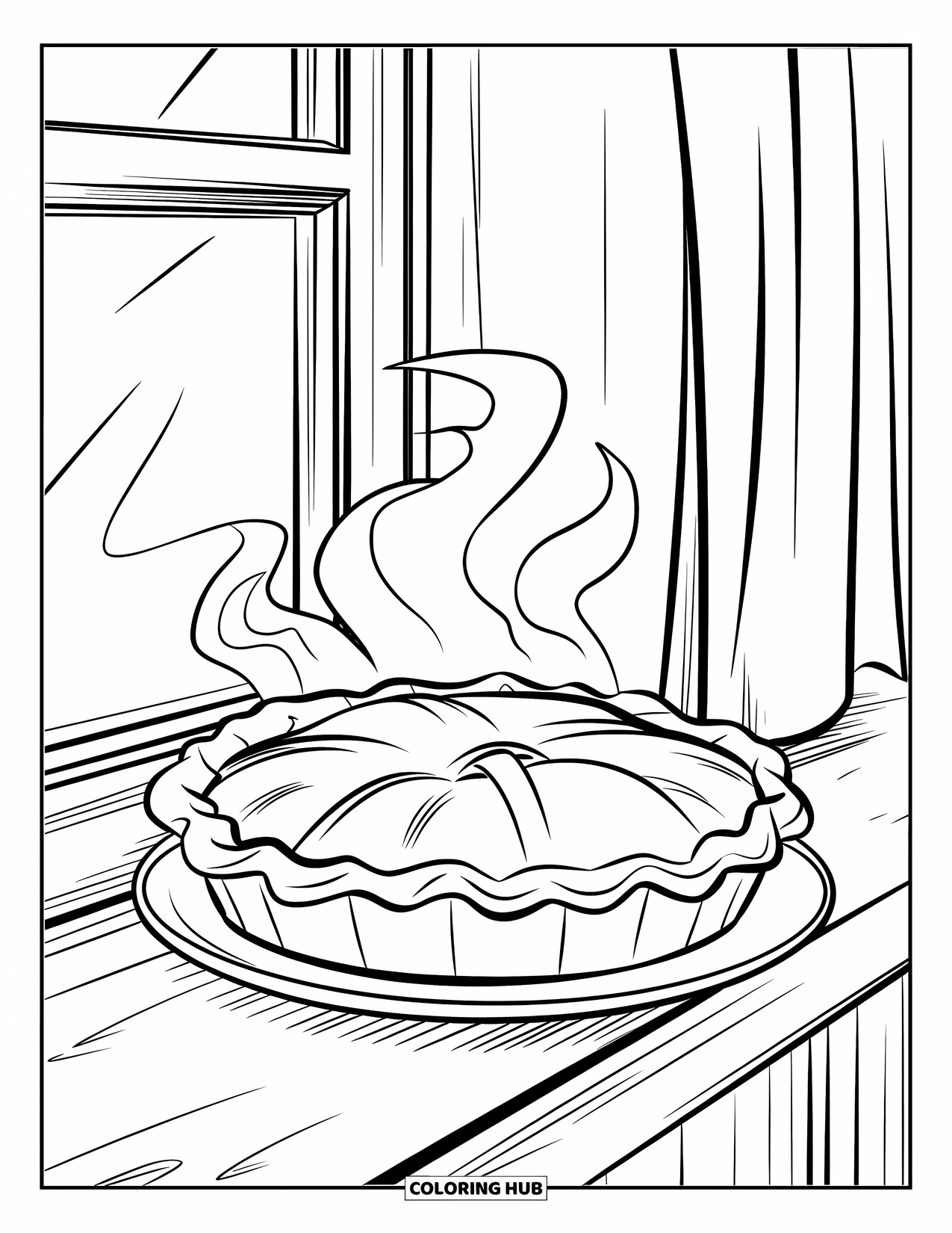 Bakery Coloring Page for Kids: A warm pie steaming on a windowsill with curtains and trees outside