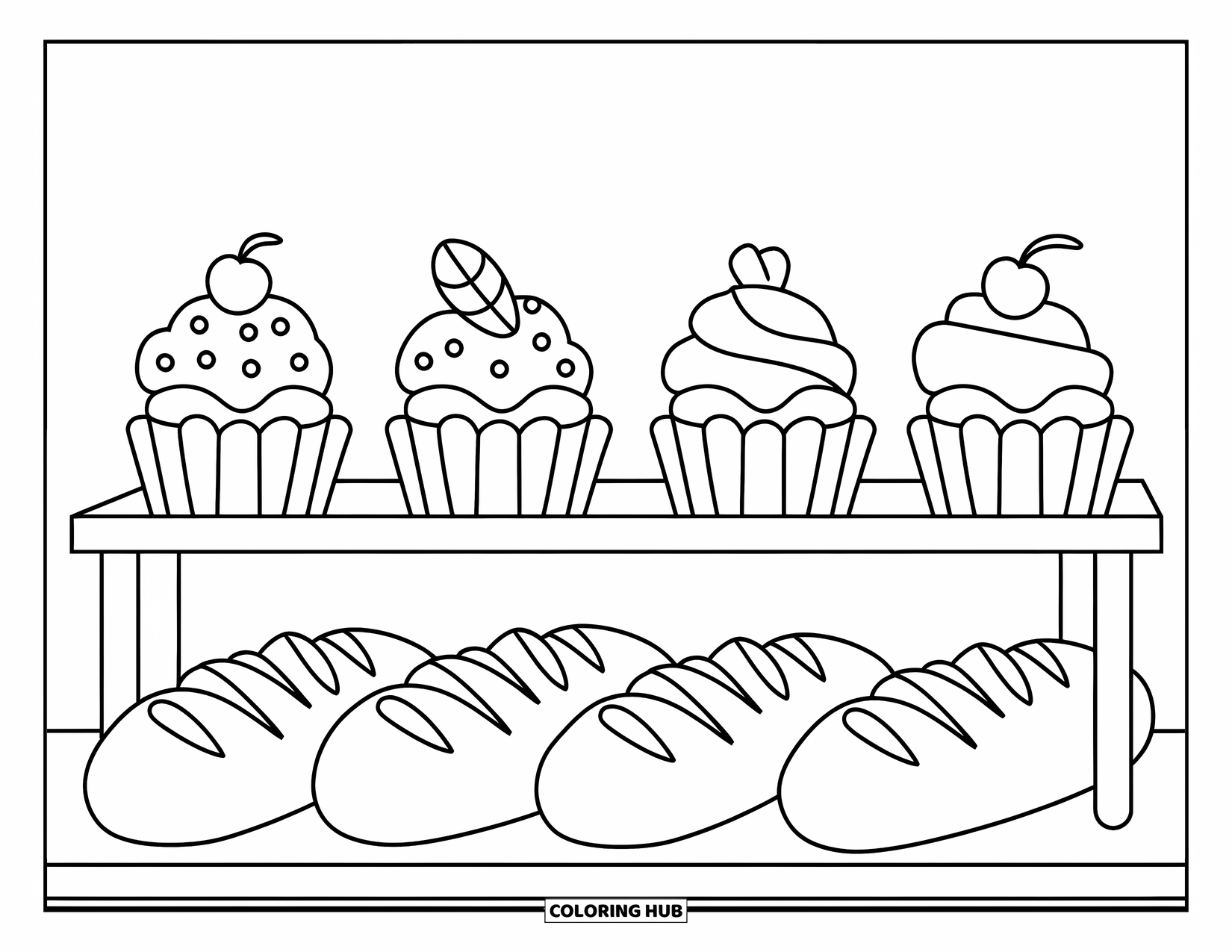 Bakery Coloring Page for Kids: Cupcakes and bread loaves neatly displayed on a bakery shelf