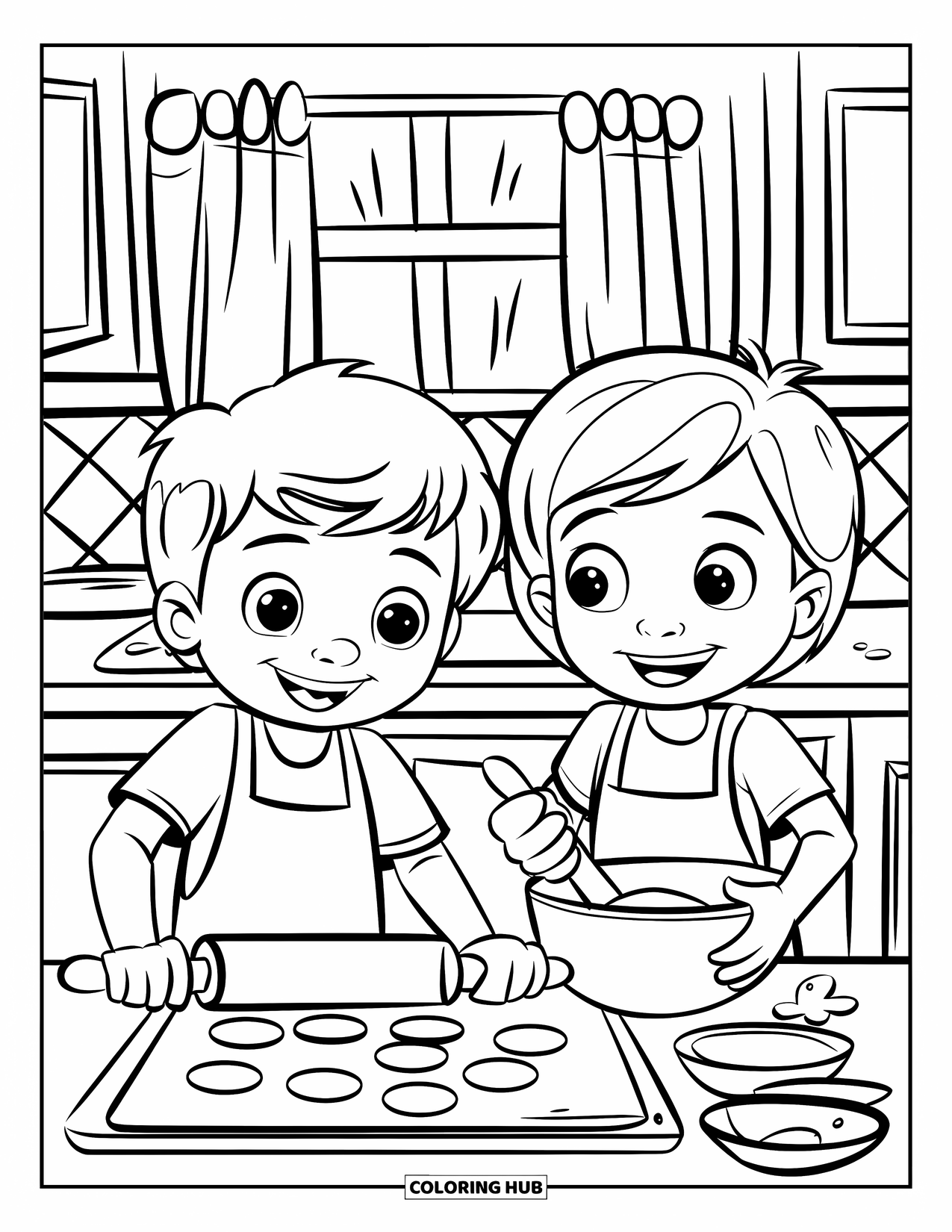 Bakery Coloring Page for Kids: Kids baking cookies on a counter with a checkered floor and window view