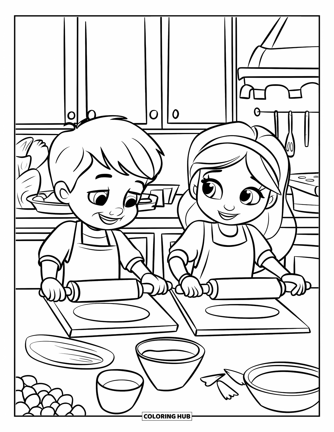 Bakery Coloring Page for Kids: Two kids happily baking cookies together in a kitchen
