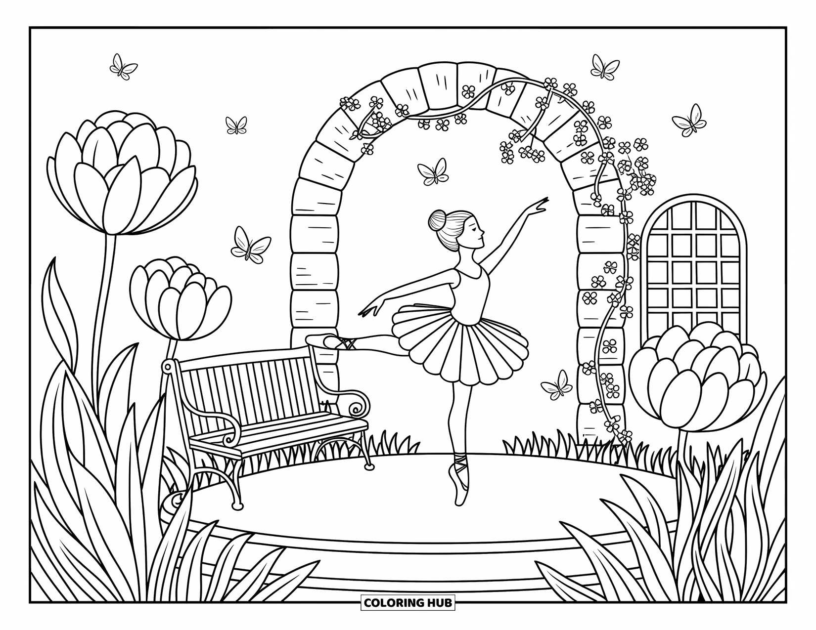 Ballet Coloring Page for Adults: A ballerina dances mid-twirl under an arch of flowers in an enchanted garden