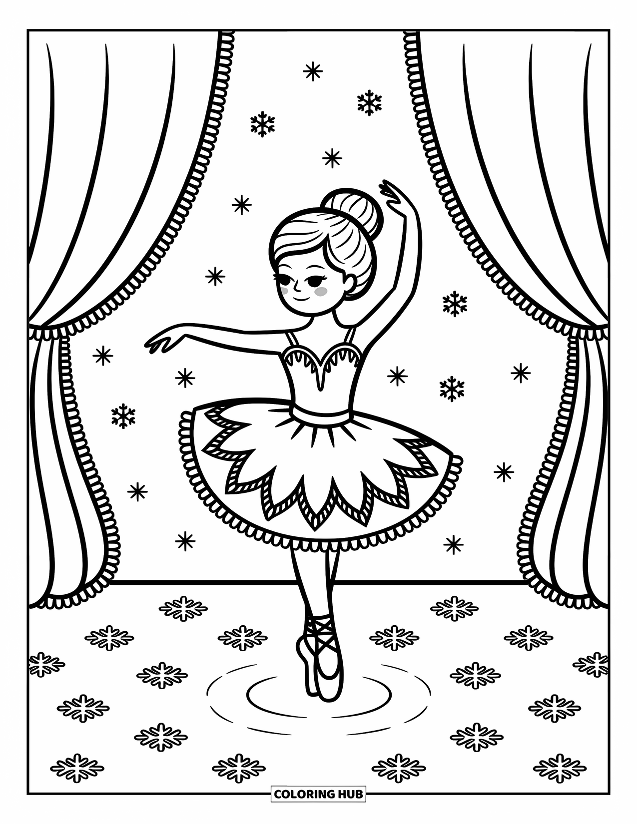 Ballet Coloring Page for Adults: A ballerina dressed as a snowflake dances under twinkling lights and soft snow