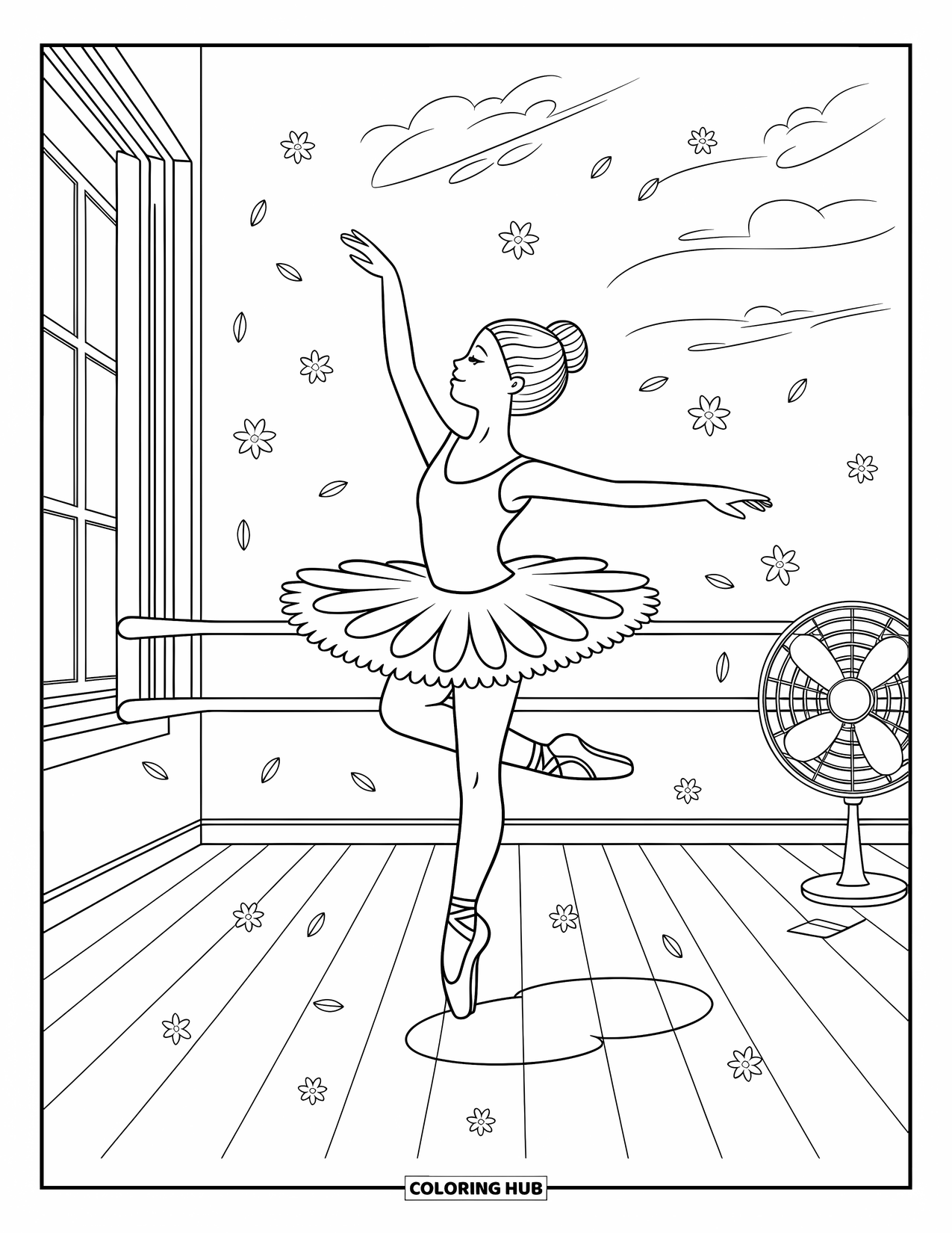 Ballet Coloring Page for Adults: A ballerina floats mid-leap surrounded by petals in a sunny studio
